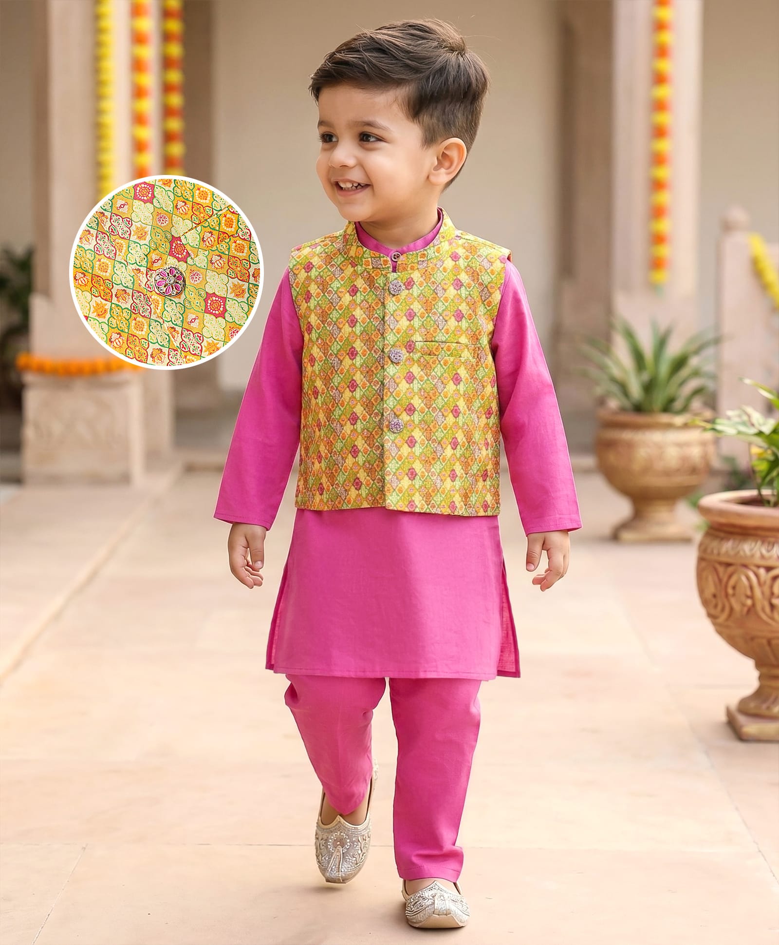 Babyhug Cotton Woven Full Sleeves Kurta & Pyjama Set With Printed Waistcoat- Fuschia-picture-29