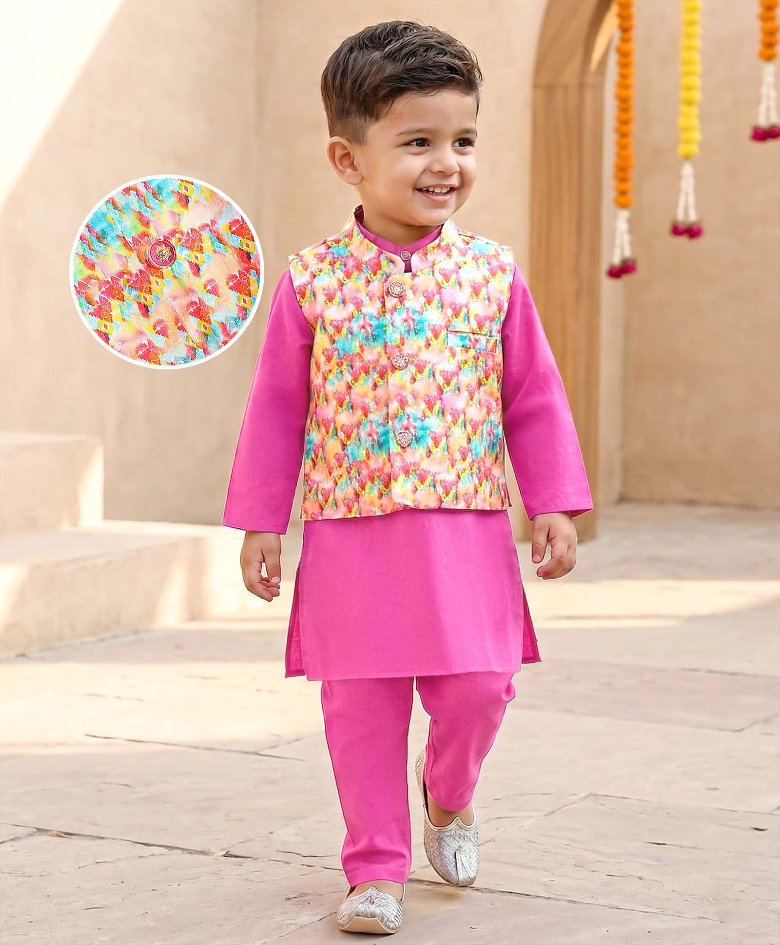 Babyhug Cotton Woven Full Sleeves Solid Kurta Pyjama Set with Printed Jacket - Pink-picture-16