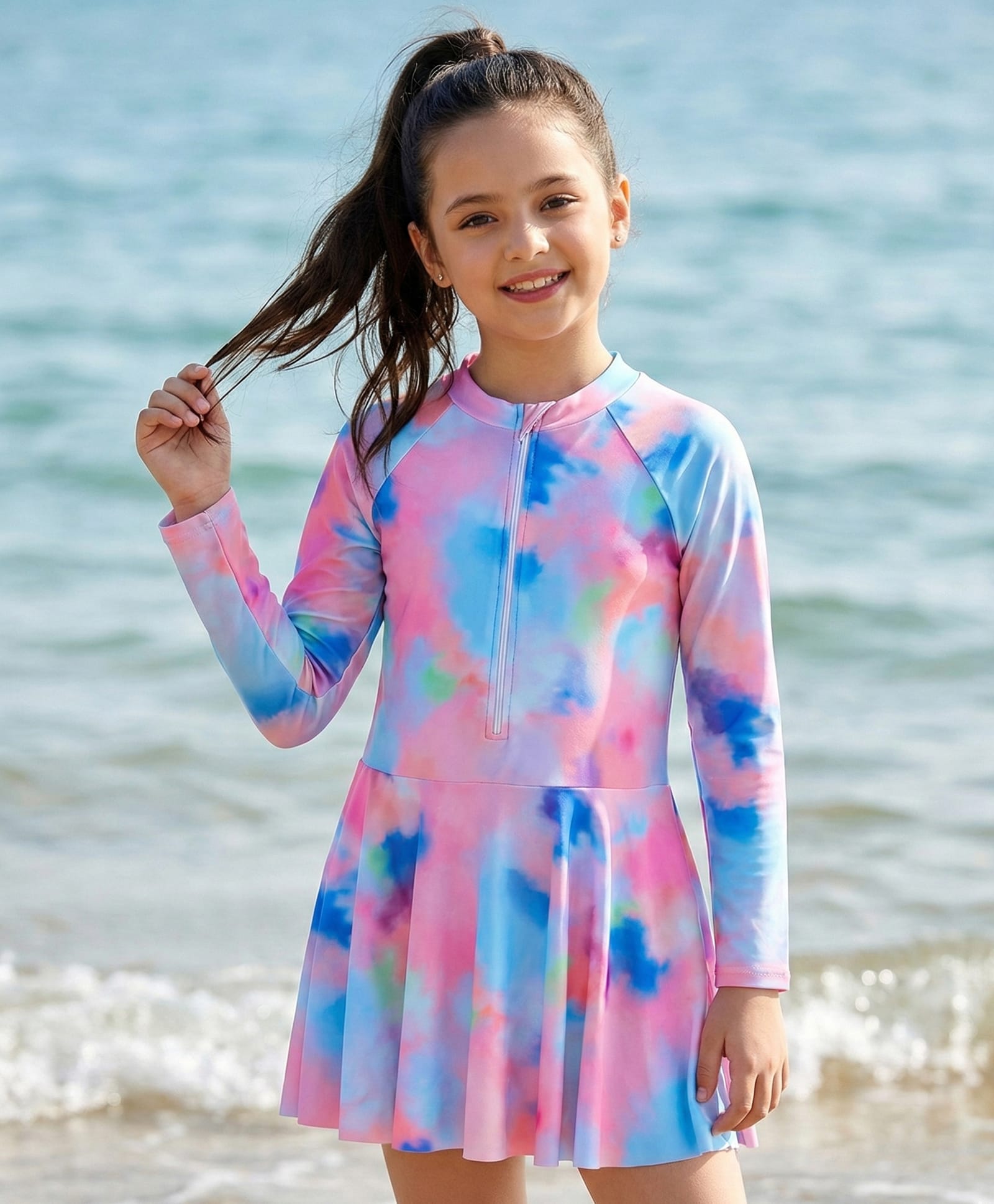 Pine Kids Full Sleeves Frock Style Swimsuit Tie& Dye Print - Multicolor-picture-34