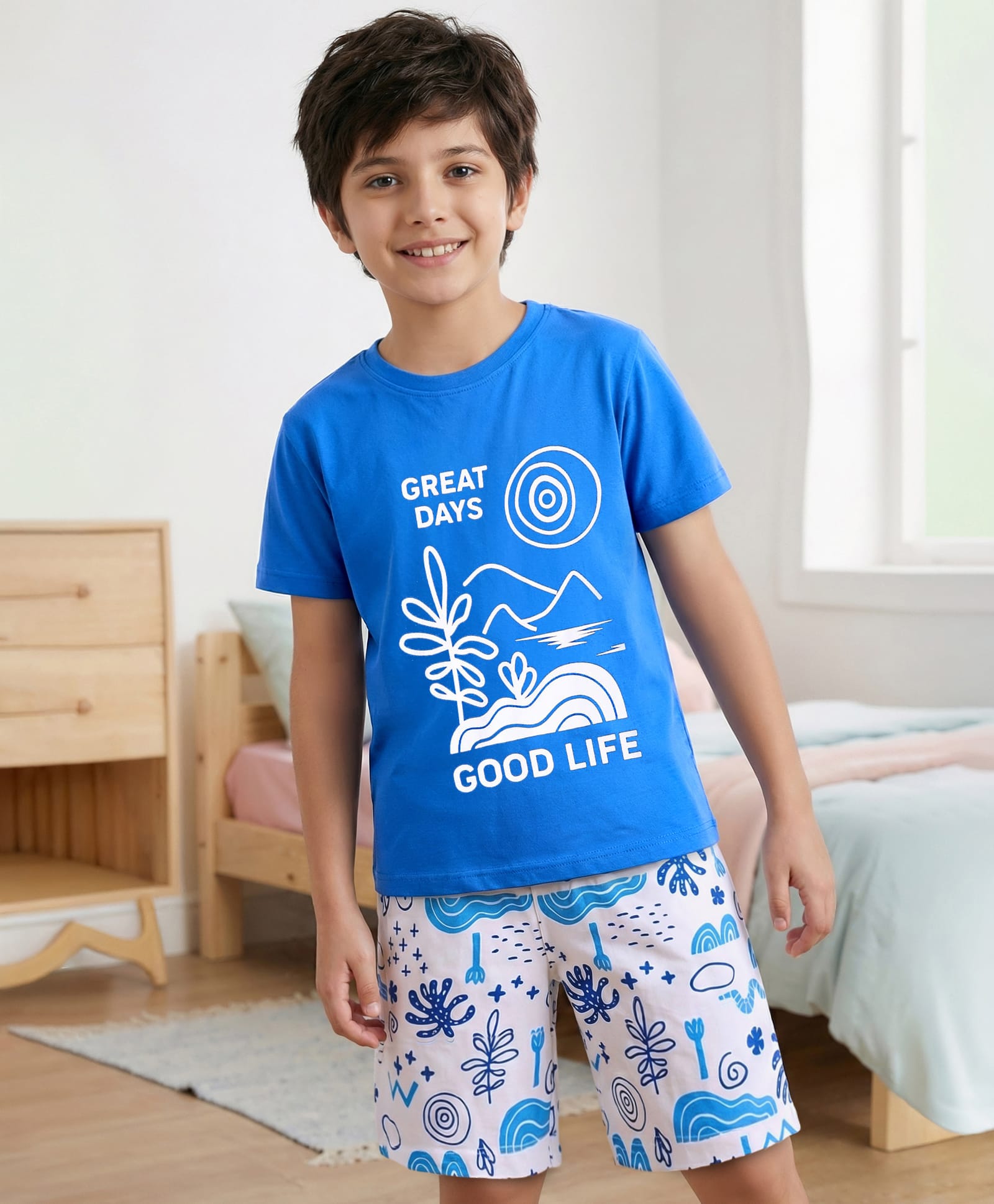 Pine Kids Single Jersey Knit Half Sleeves Shorts Night Suit with Text Print - Blue-picture-39
