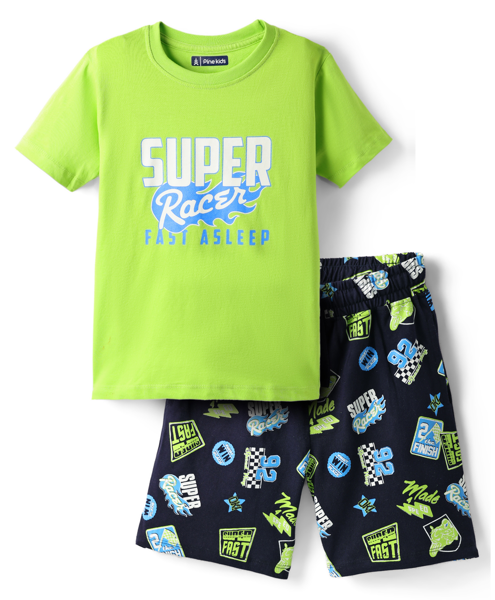 Pine Kids Single Jersey Knit Half Sleeves Shorts Night Suit with Super Racer Text Print - Limegreen-picture-45