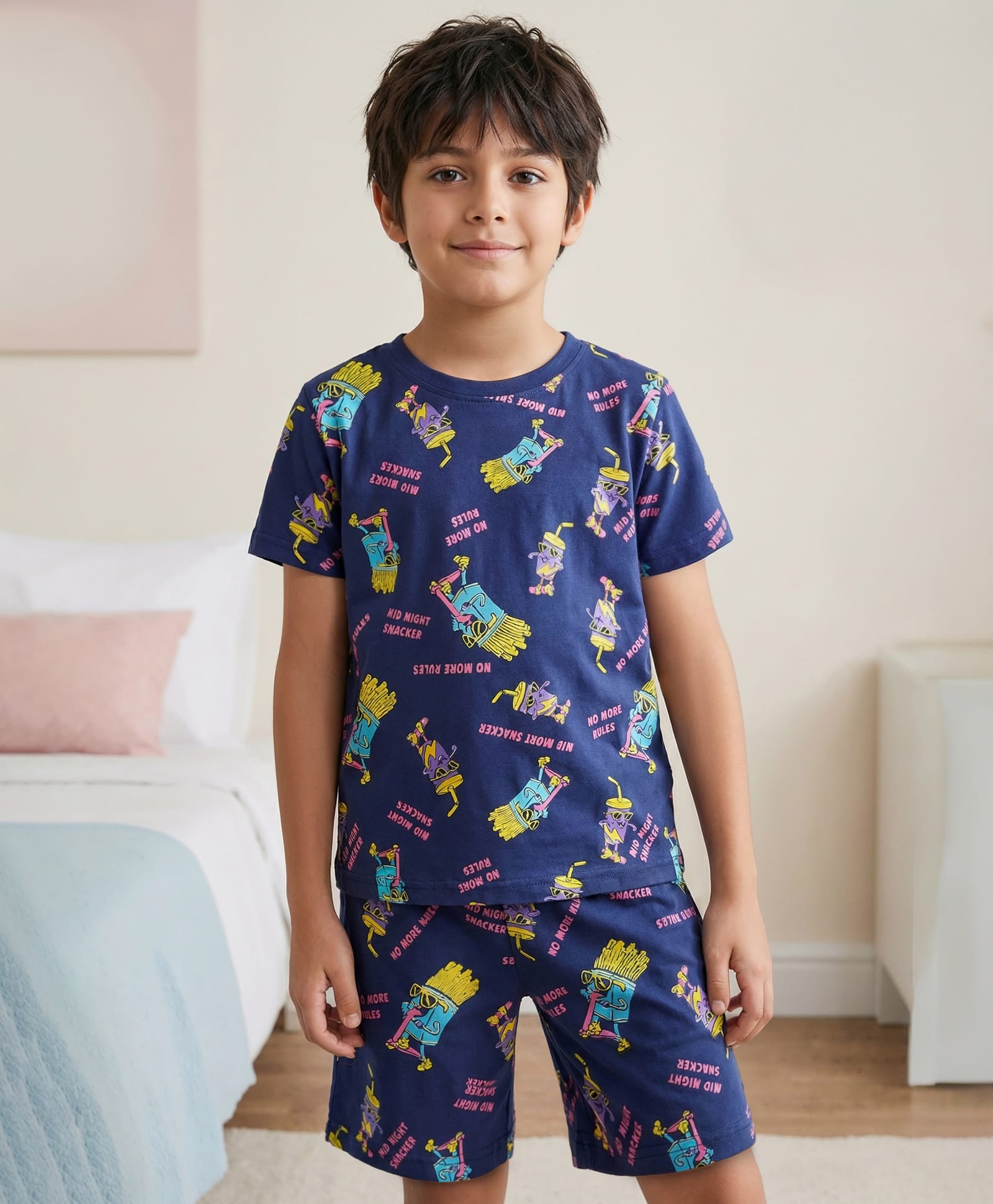 Pine Kids Single Jersey Knit Half Sleeves Shorts Night Suit With Snacks Print - Navy Blue-image-18