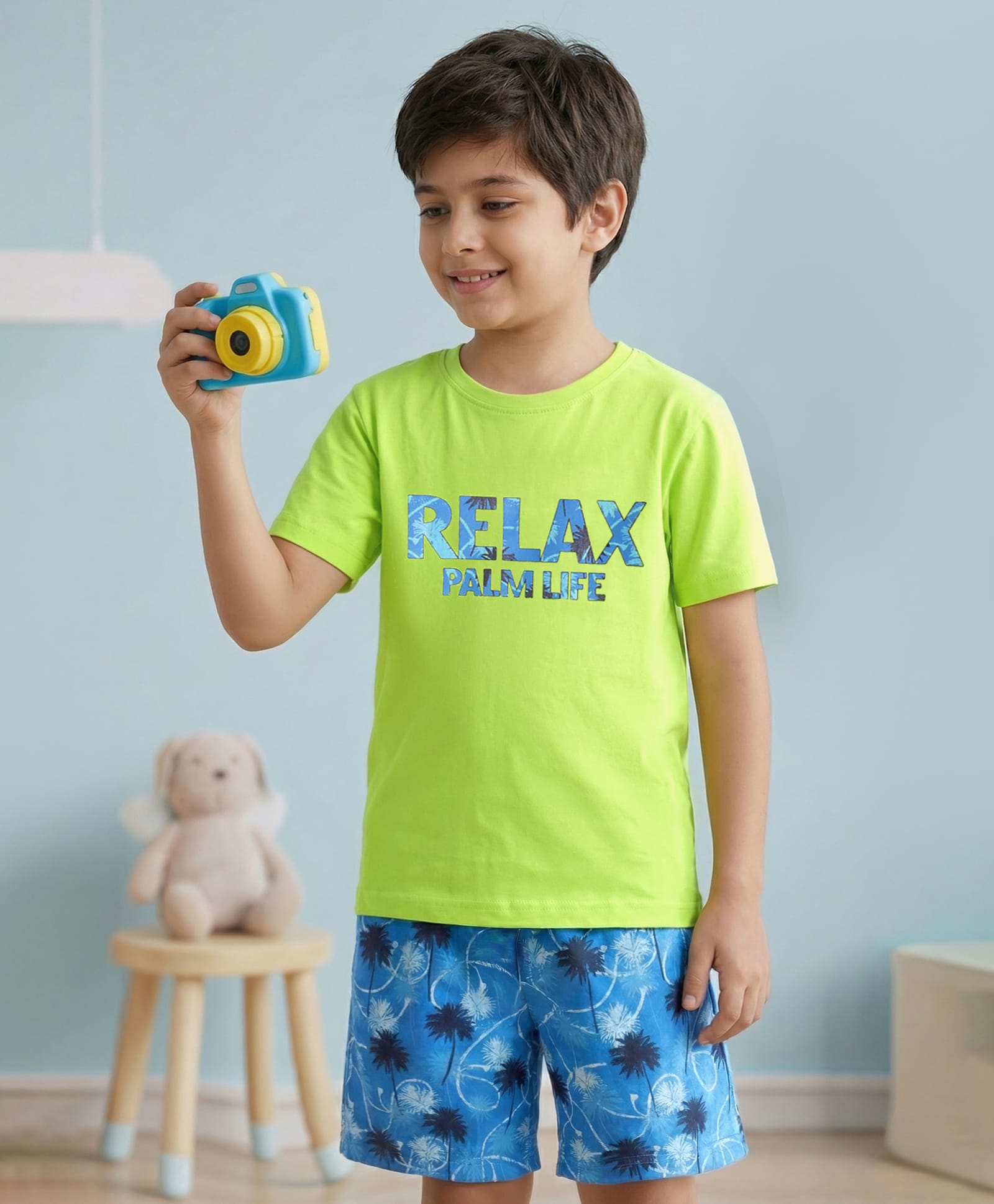 Pine Kids Single Jersey Knit Half Sleeves Palm Tree Printed Shorts Night Suit - Limegreen & Blue-image-38