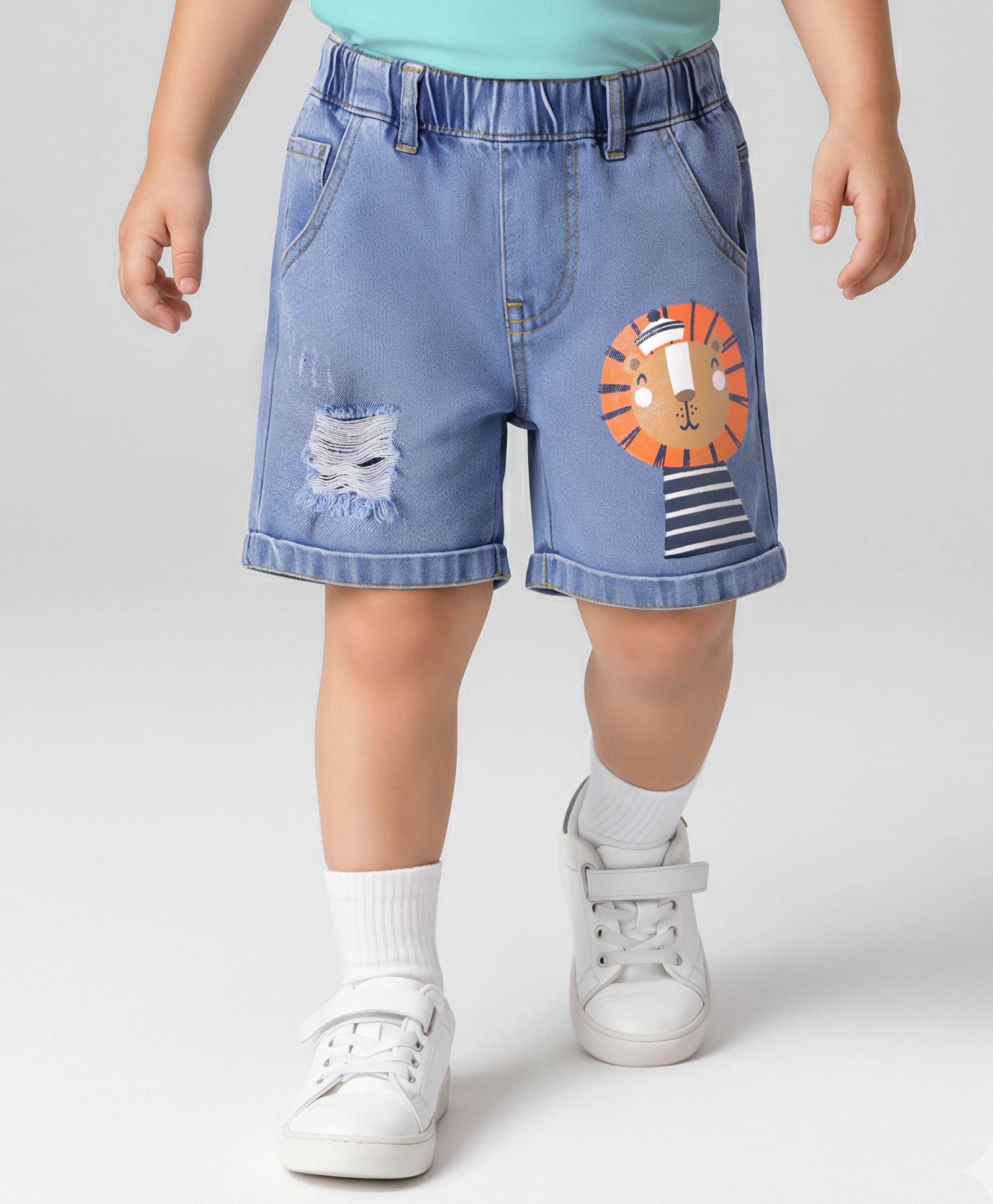 Mark & Mia Cotton Washed Shorts with Lion Print - Light Blue-picture-35