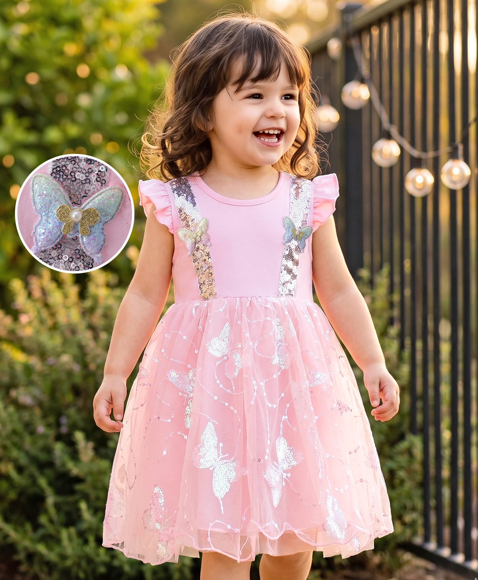 Mark & Mia Frill Sleeves Party Frock With Sequin Detailing & Butterfly Applique - Pink-image-14