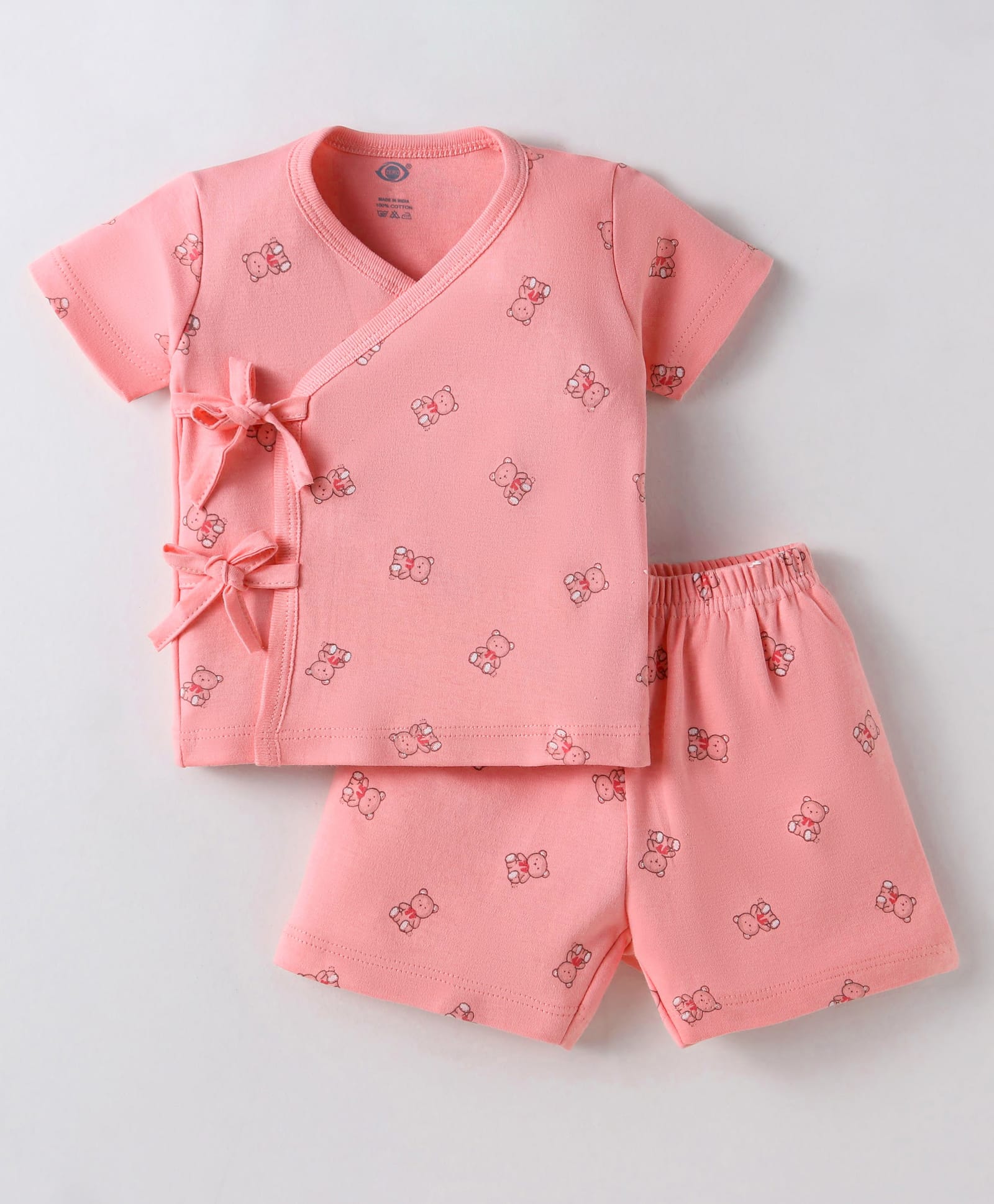Zero Sinker Knit Half Sleeves Shorts Night Suit With Teddy Bear Print - Peach-picture-16