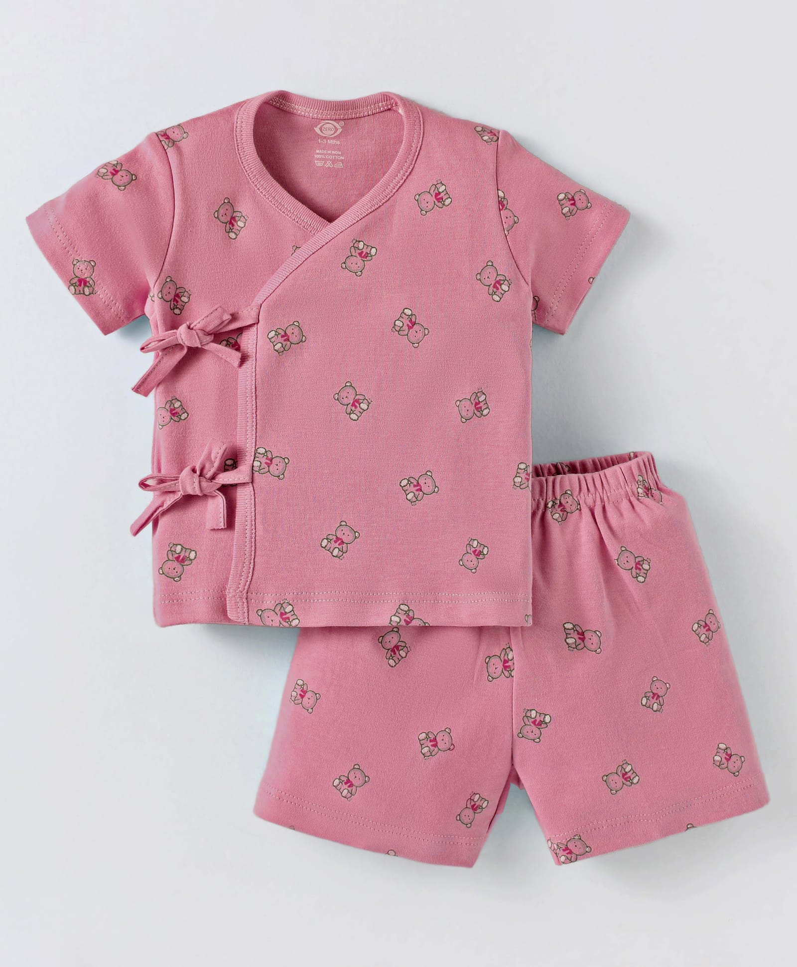 Zero Sinker Knit Half Sleeves Shorts Night Suit With Teddy Bear Print - Rose-picture-16