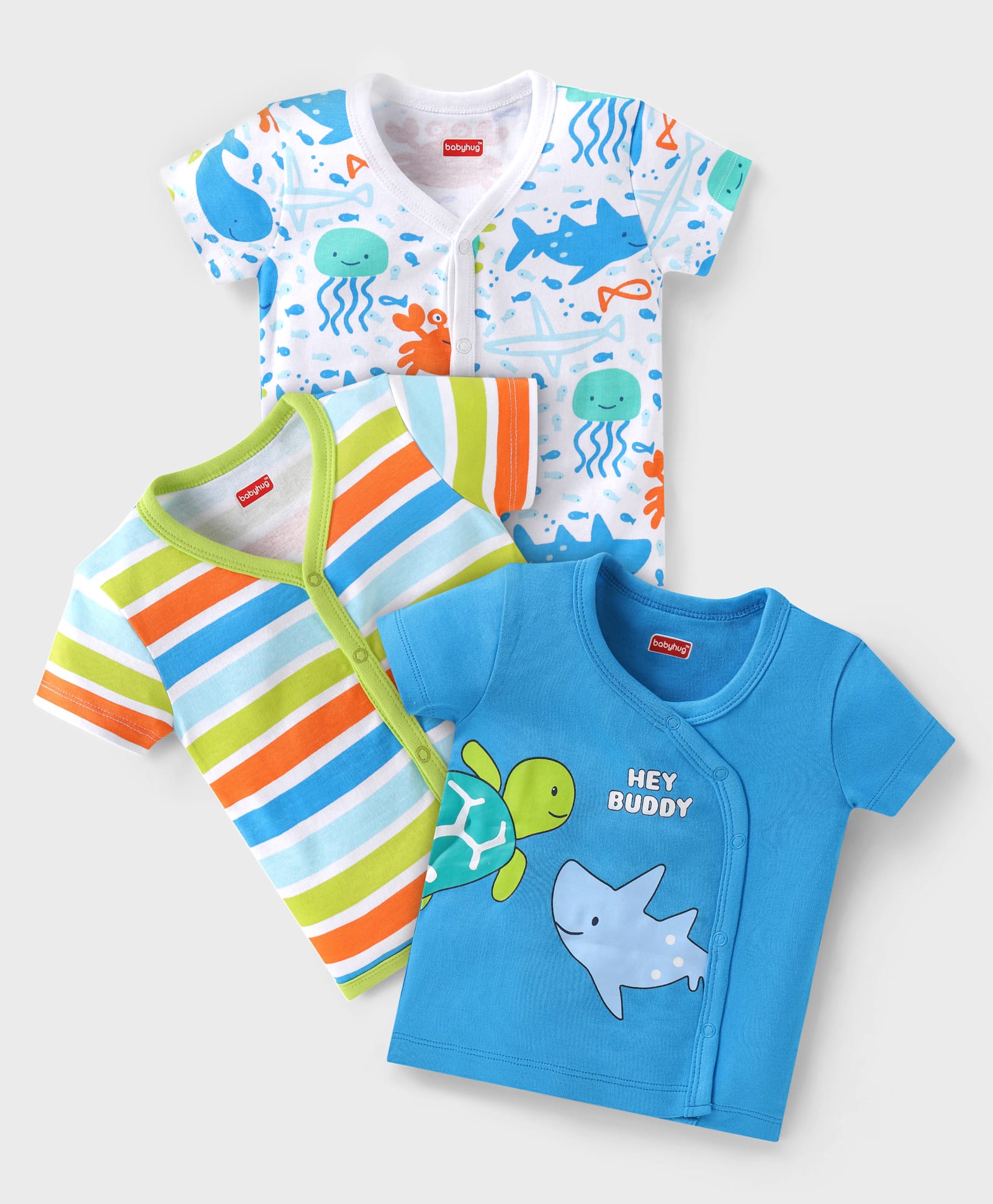 Babyhug Interlock Knit Half Sleeves Front Open Vests with Sea Life Print & Stripes Pack of 3 - Blue & White-picture-13