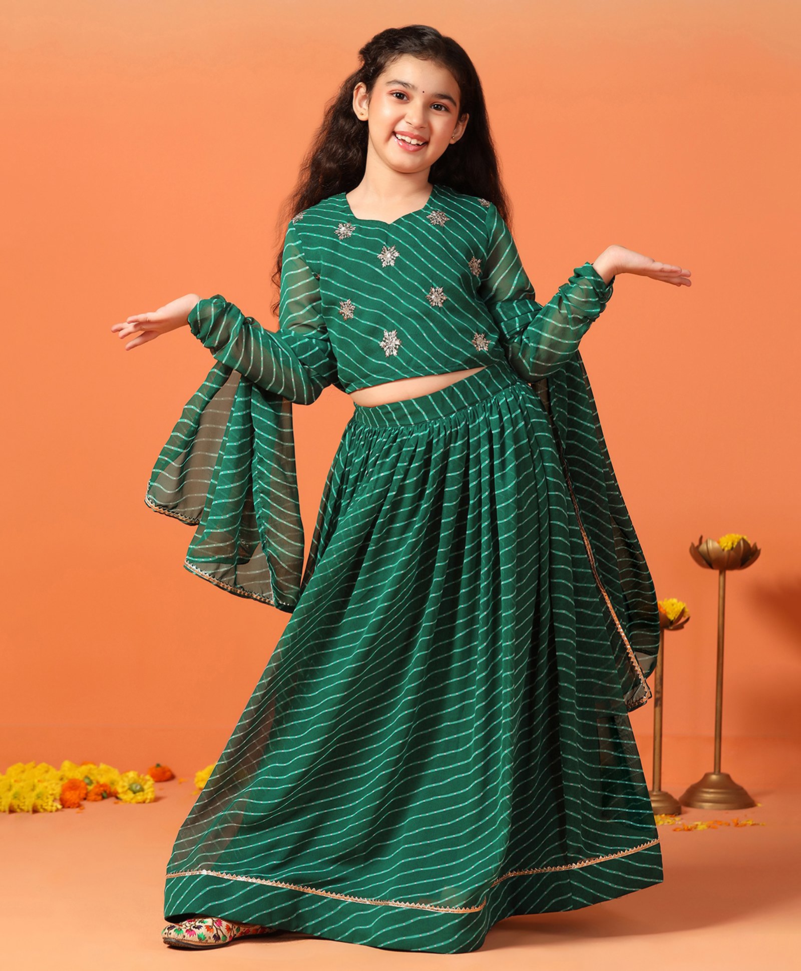 Fashion Dream Full Sleeves Leheriya Printed & Sequins Embellished Lehenga Choli Set - Green-image-7