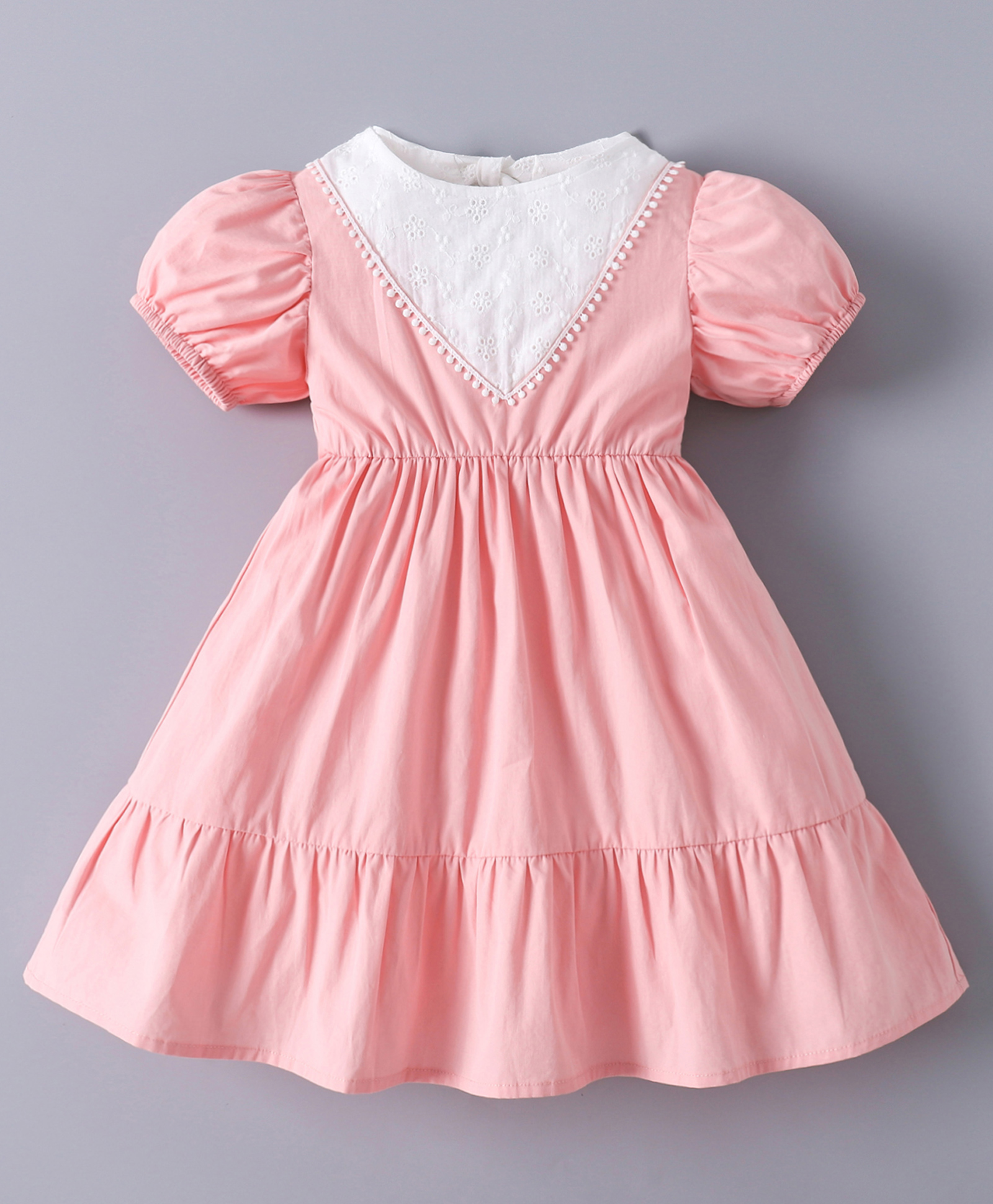 Mark & Mia Cotton Half Puffed Sleeves Frock with Lace Detailing - Pink