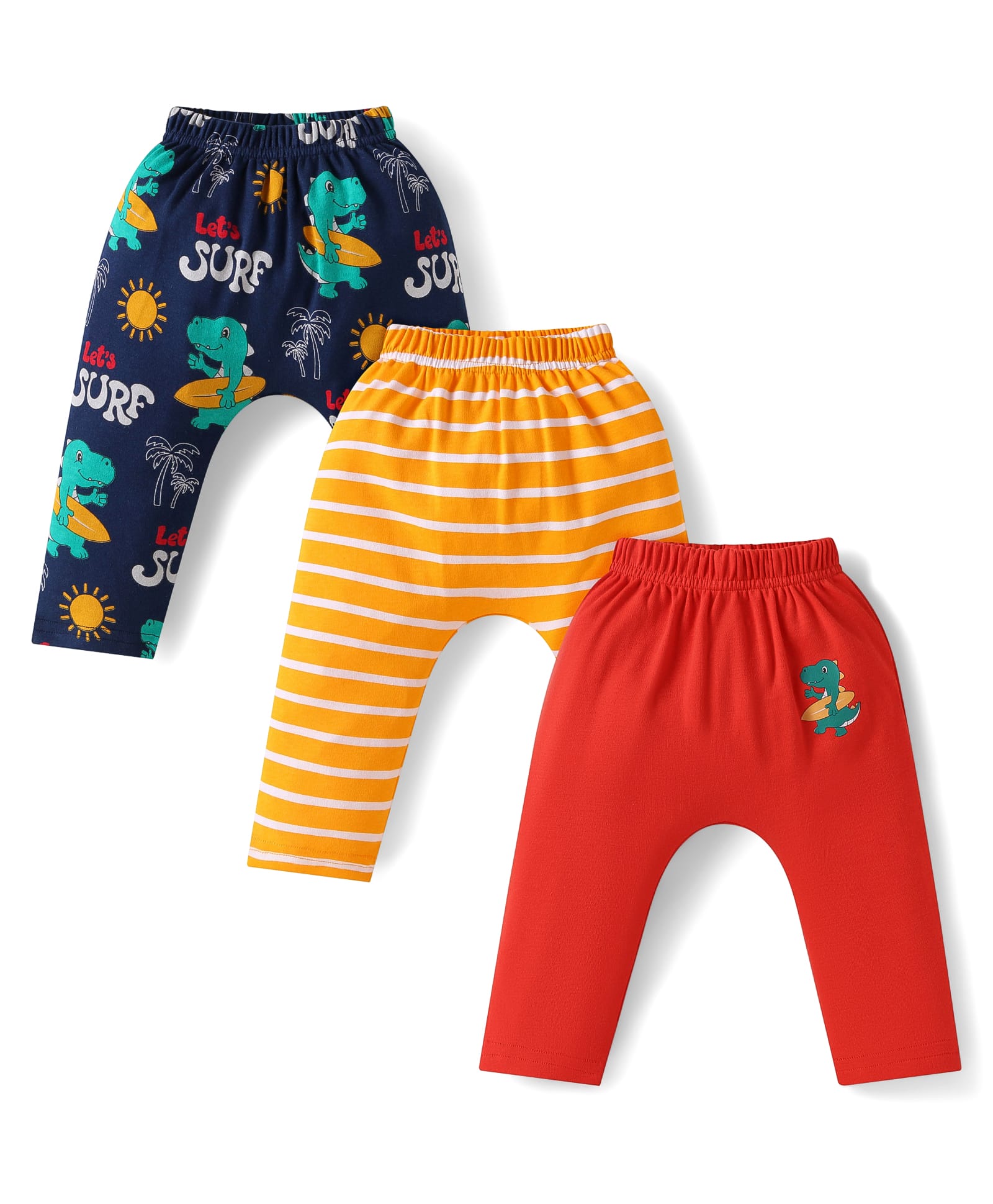 Babyhug Cotton Interlock Knit Full Length Diaper Leggings with Dino Print Pack of 3 - Red Navy & Yellow-picture-12