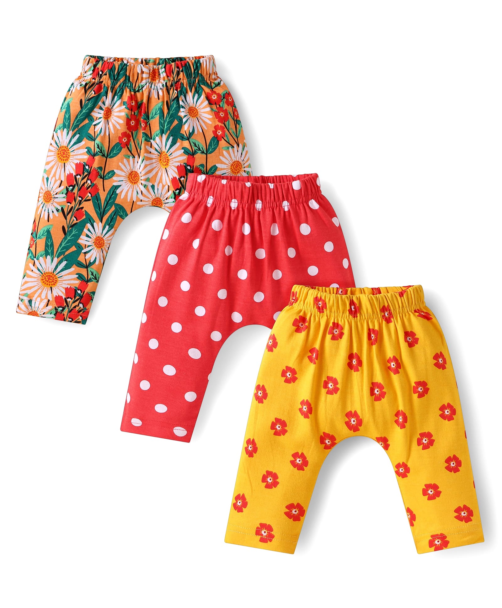 Babyhug Interlock Knit Full Length Diaper Pants with Polka Dots & Floral Print Pack of 3 - Red & Yellow