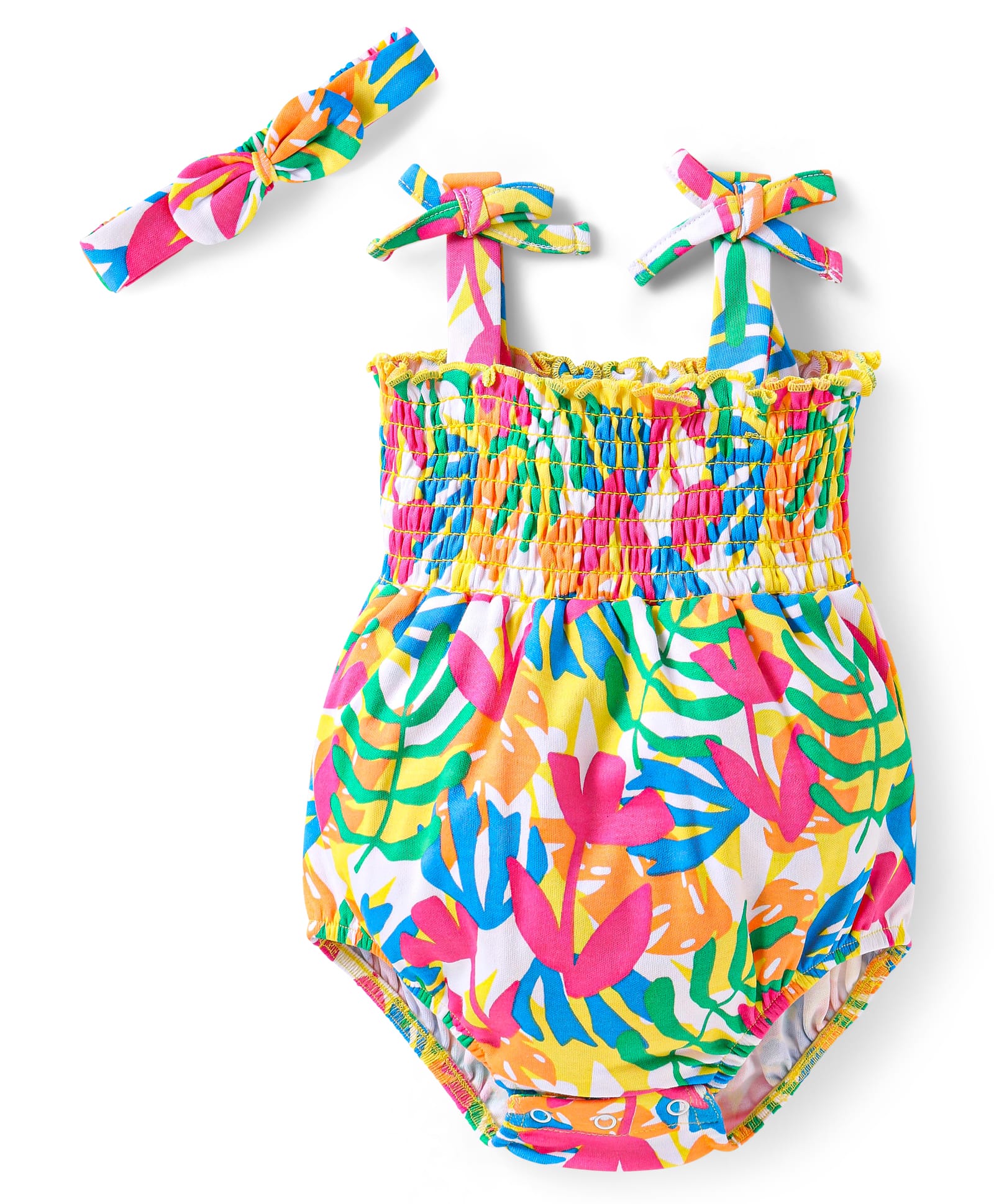 Babyhug Interlock Knit Singlet Sleeves Onesie With Floral Print & Hairband - White-image-22