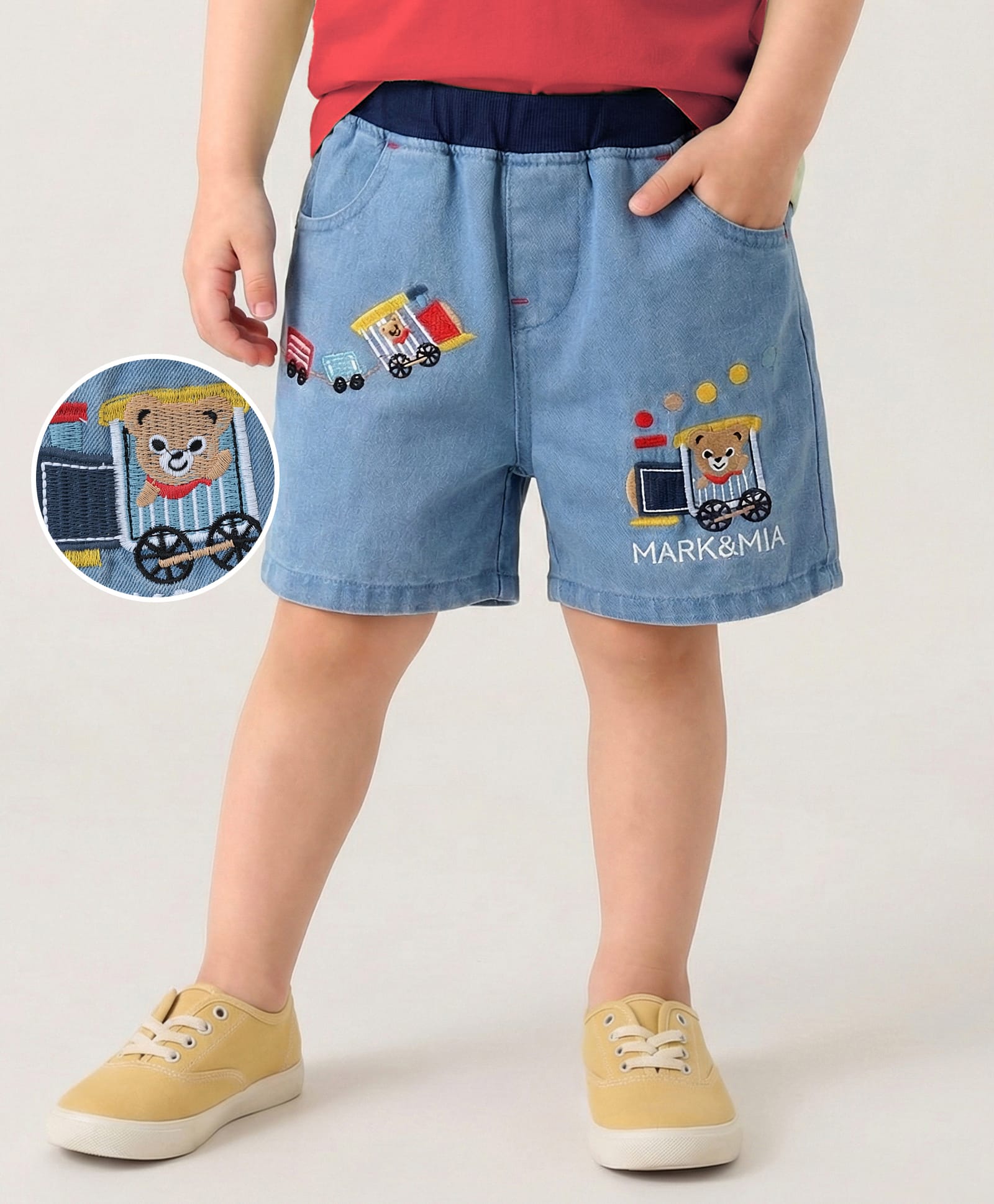 Mark & Mia Cotton Above Knee Length Washed Shorts with Rail Embroidery - Light Blue-picture-13