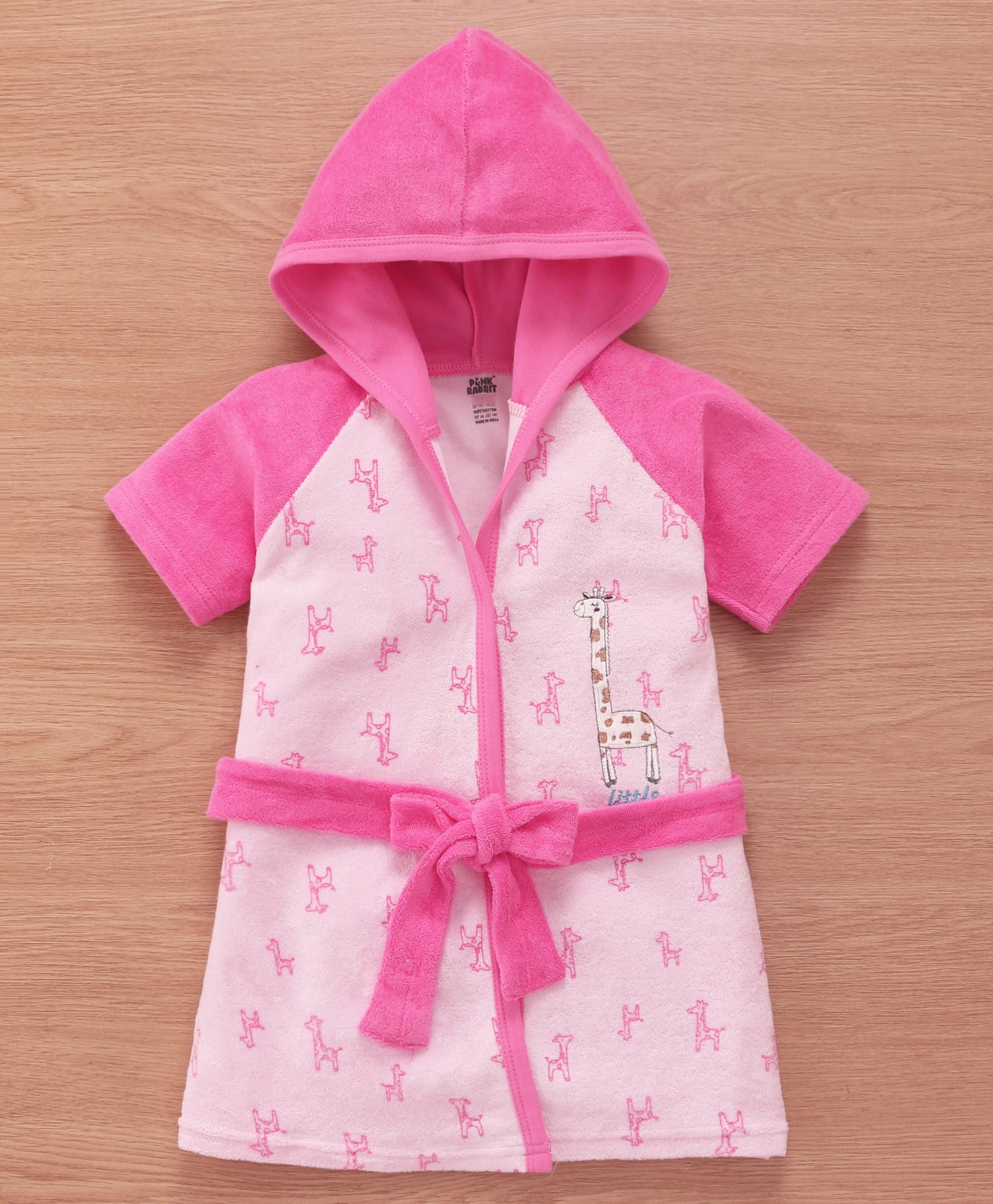 Pink Rabbit Terry Knit Half Raglan Sleeves Hooded Bath Robe with Giraffe Print & Embroidery - Pink-image-21