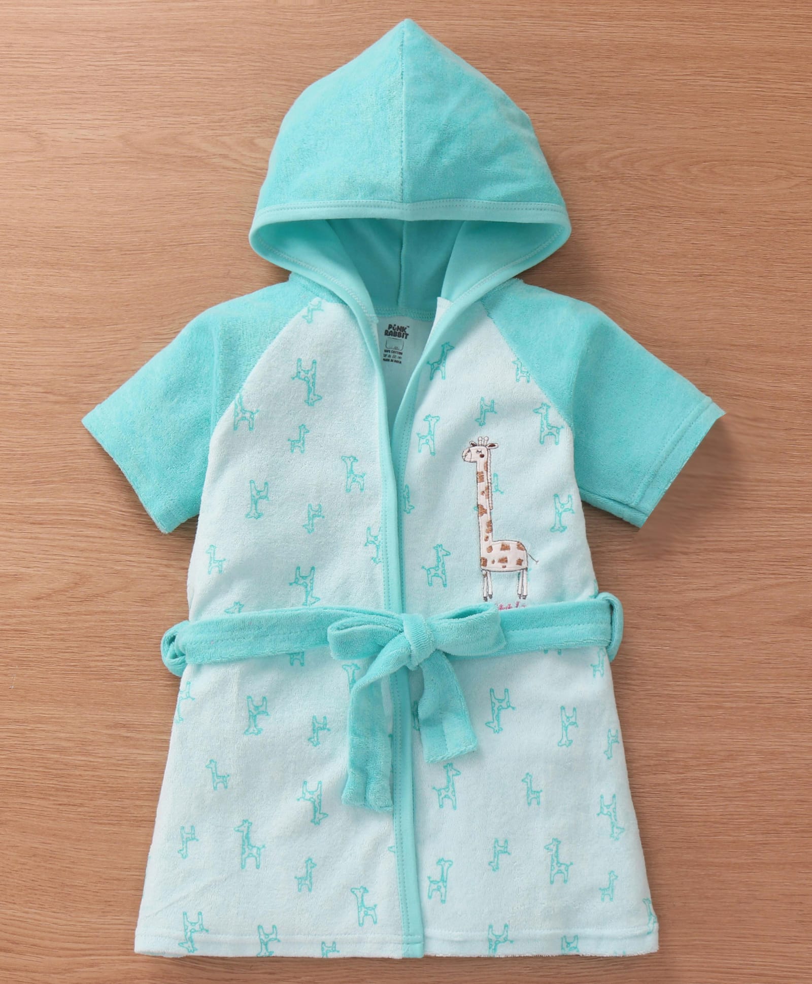 Pink Rabbit Terry Knit Half Raglan Sleeves Hooded Bath Robe with Giraffe Print & Embroidery - Sea Green-image-49