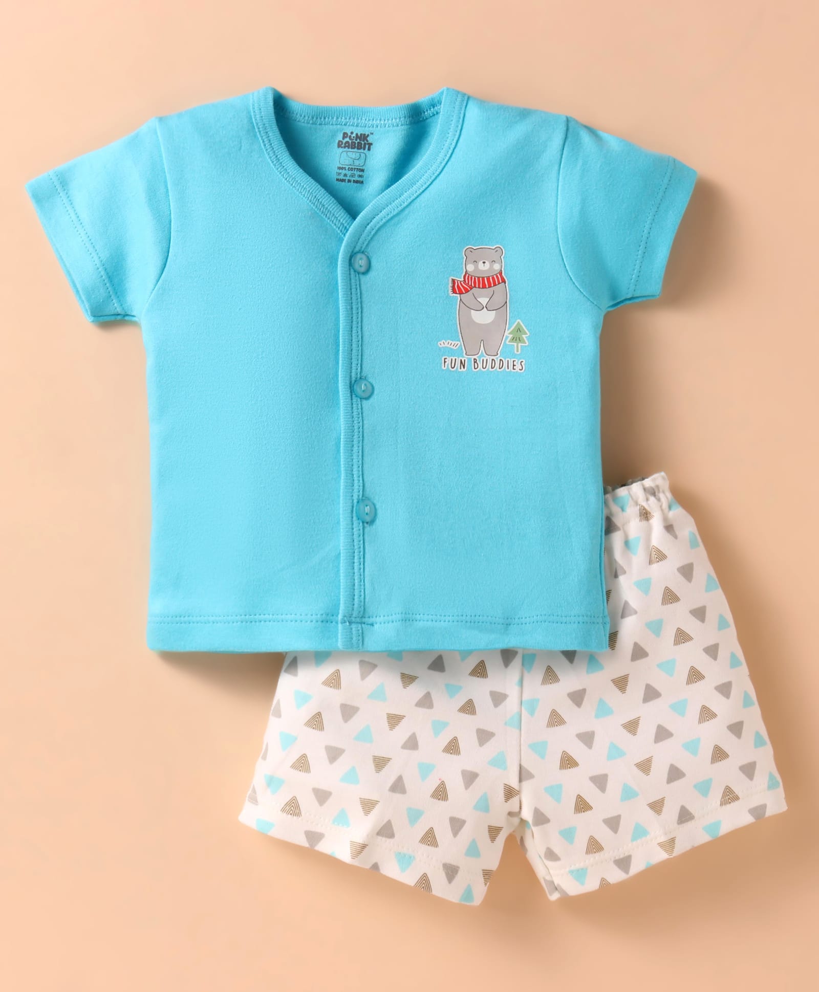Pink Rabbit Interlock Knit Half Sleeves Shorts Night Suit with Bear Print - Blue-image-26