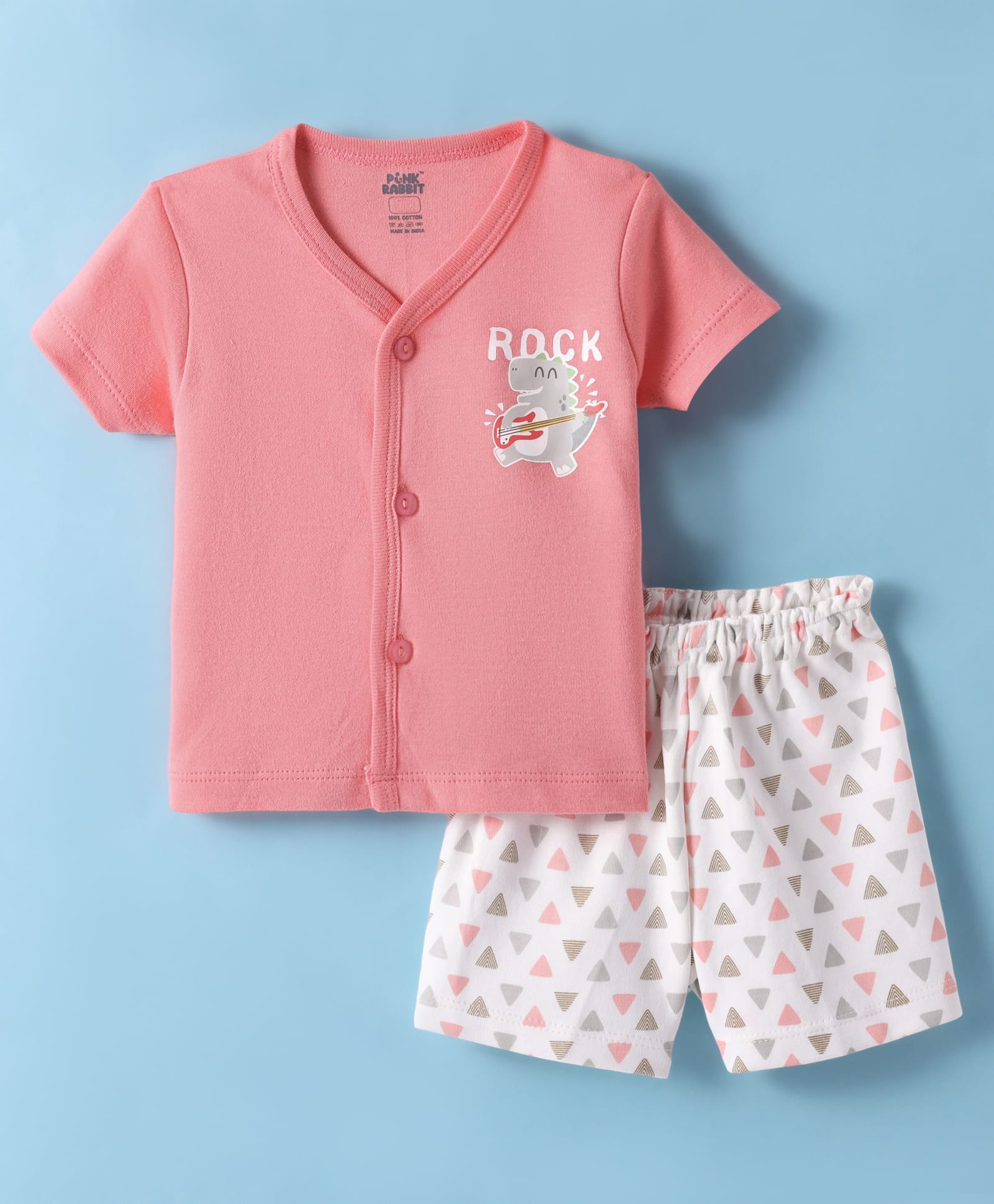 Pink Rabbit Interlock Knit Half Sleeves Shorts Night Suit with Dino Print - Dark Pink-image-24