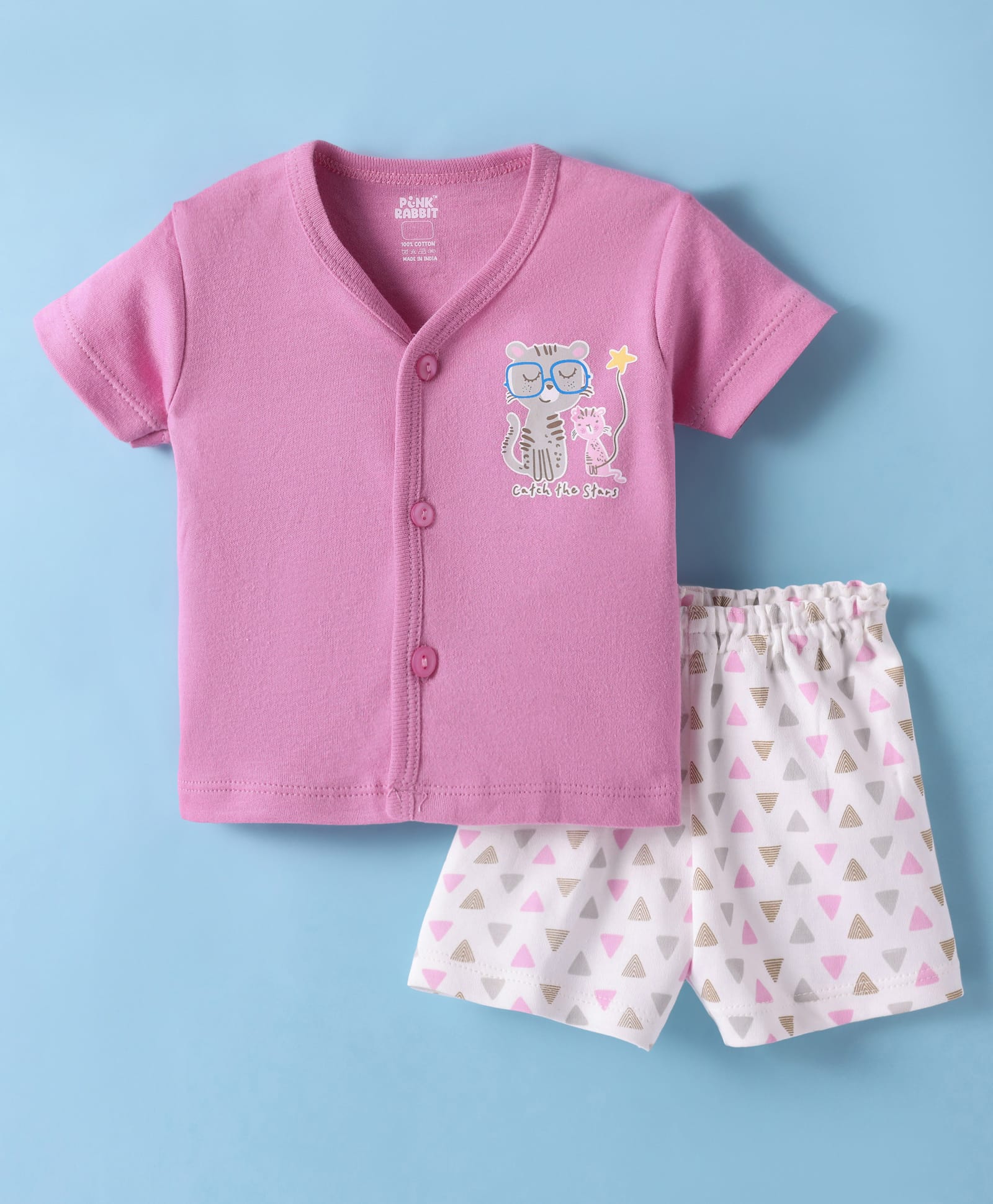 Pink Rabbit Interlock Knit Half Sleeves Shorts Night Suit with Kitty Print - Purple-image-25