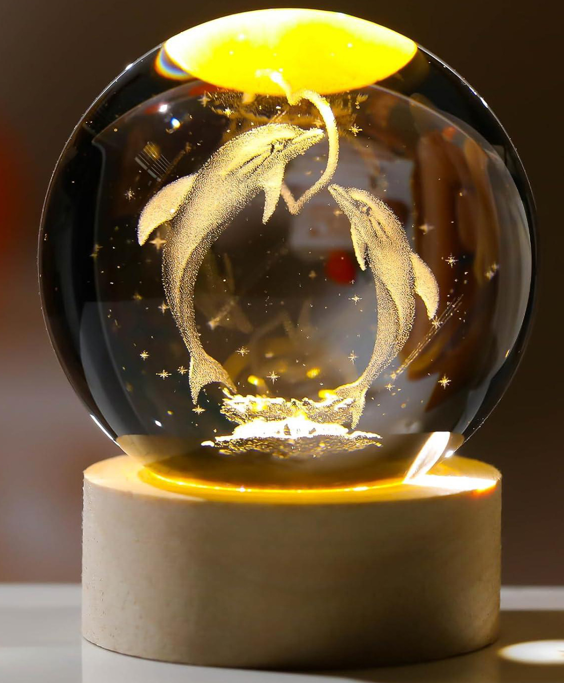 Awestuffs 3D Crystal Ball Night Light for Kids Glass Lamp space lamp with Wooden Base Fantasy Decoration Crystal Ball LED Galaxy Planet Nightlight Bedroom Décor (Dolphin)-picture-32