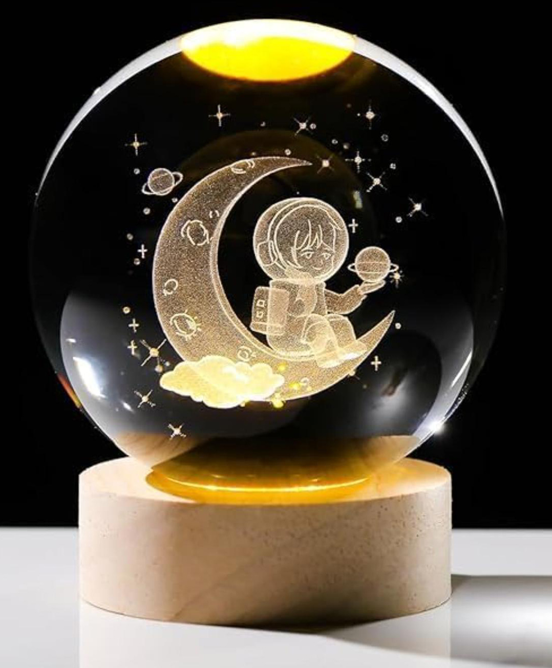 Awestuffs 3D Crystal Ball Night Light for Kids Glass Lamp space lamp with Wooden Base Fantasy Decoration Crystal Ball LED Galaxy Planet Nightlight Bedroom Décor (Astronaut)-picture-23