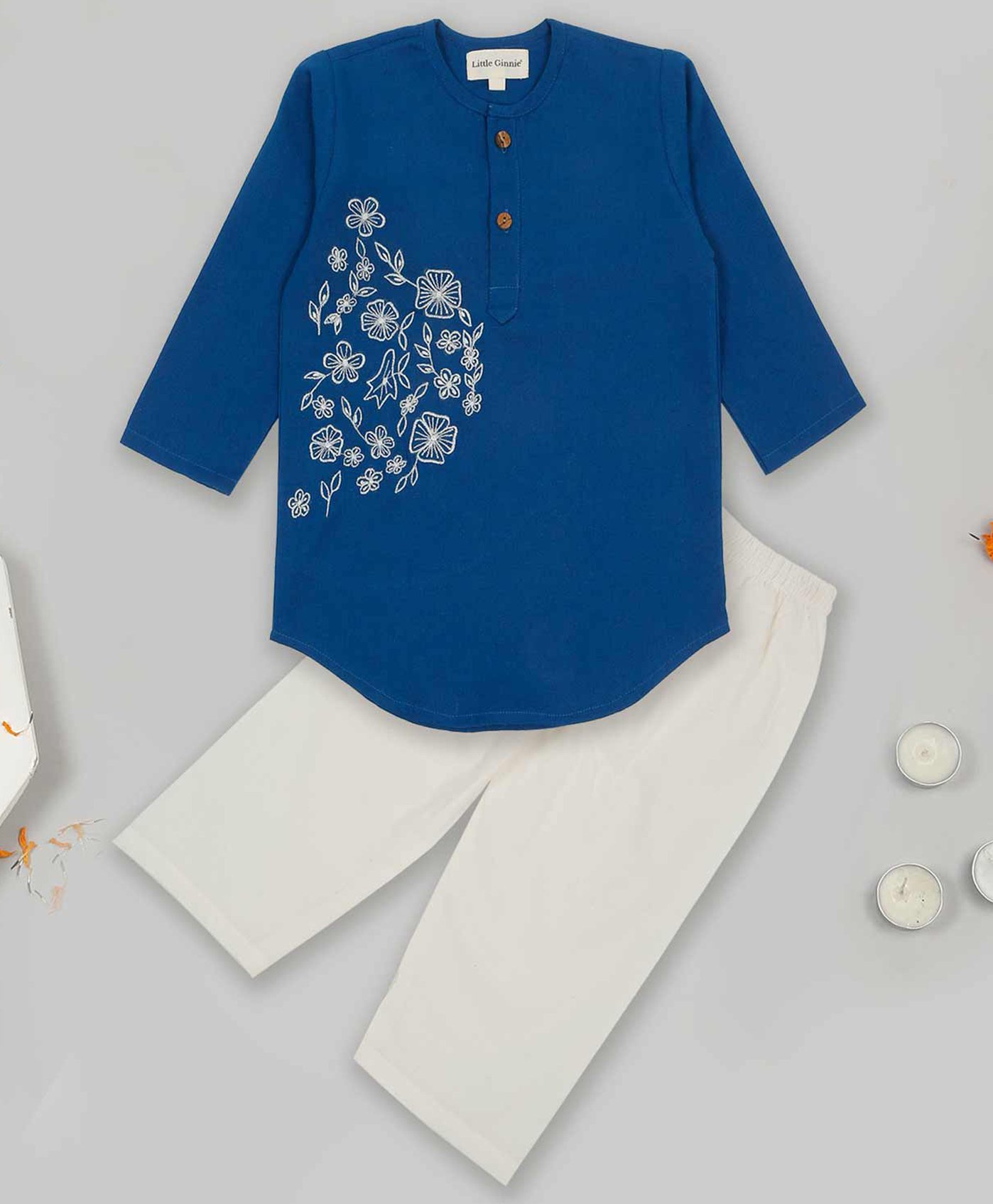Little Ginnie Cotton Full Sleeves Floral Embroidered Kurta & Pyjama Set - Navy Blue-picture-18
