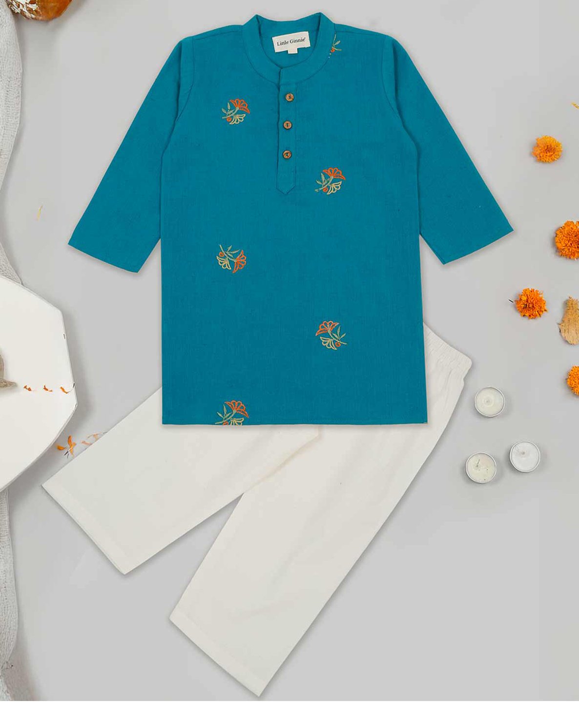 Little Ginnie Cotton Full Sleeves Floral Embroidered Kurta & Pyjama Set - Blue-picture-17