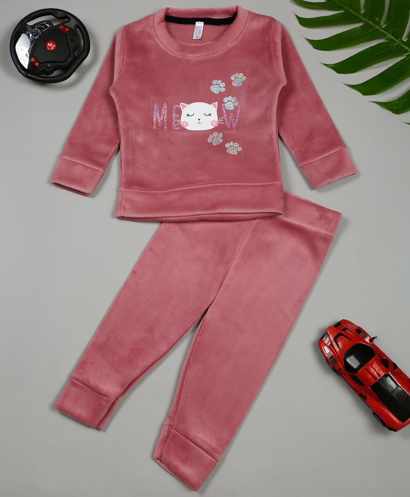 Little Ginnie Cotton Full Sleeves Cat Printed & Stone Embellished Sweatshirt With Track Pant - Pink-picture-29