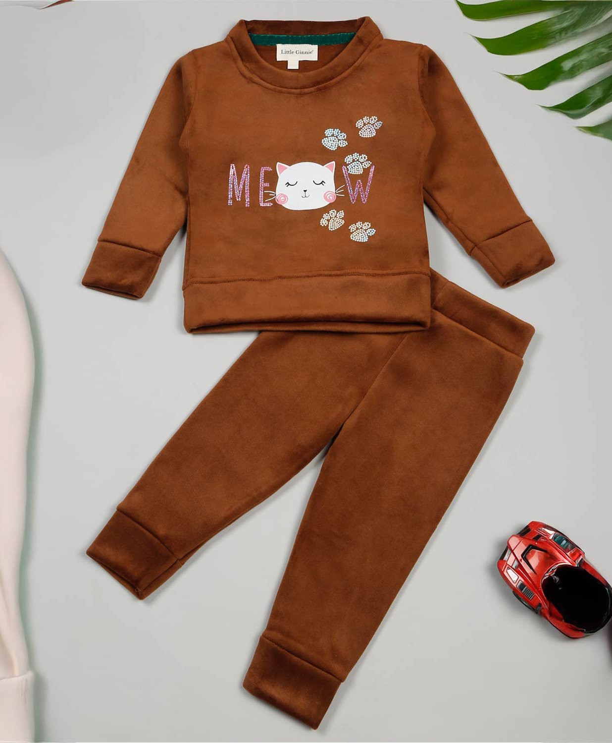 Little Ginnie Cotton Full Sleeves Cat Printed & Stone Embellished Sweatshirt With Track Pant - Brown-picture-28
