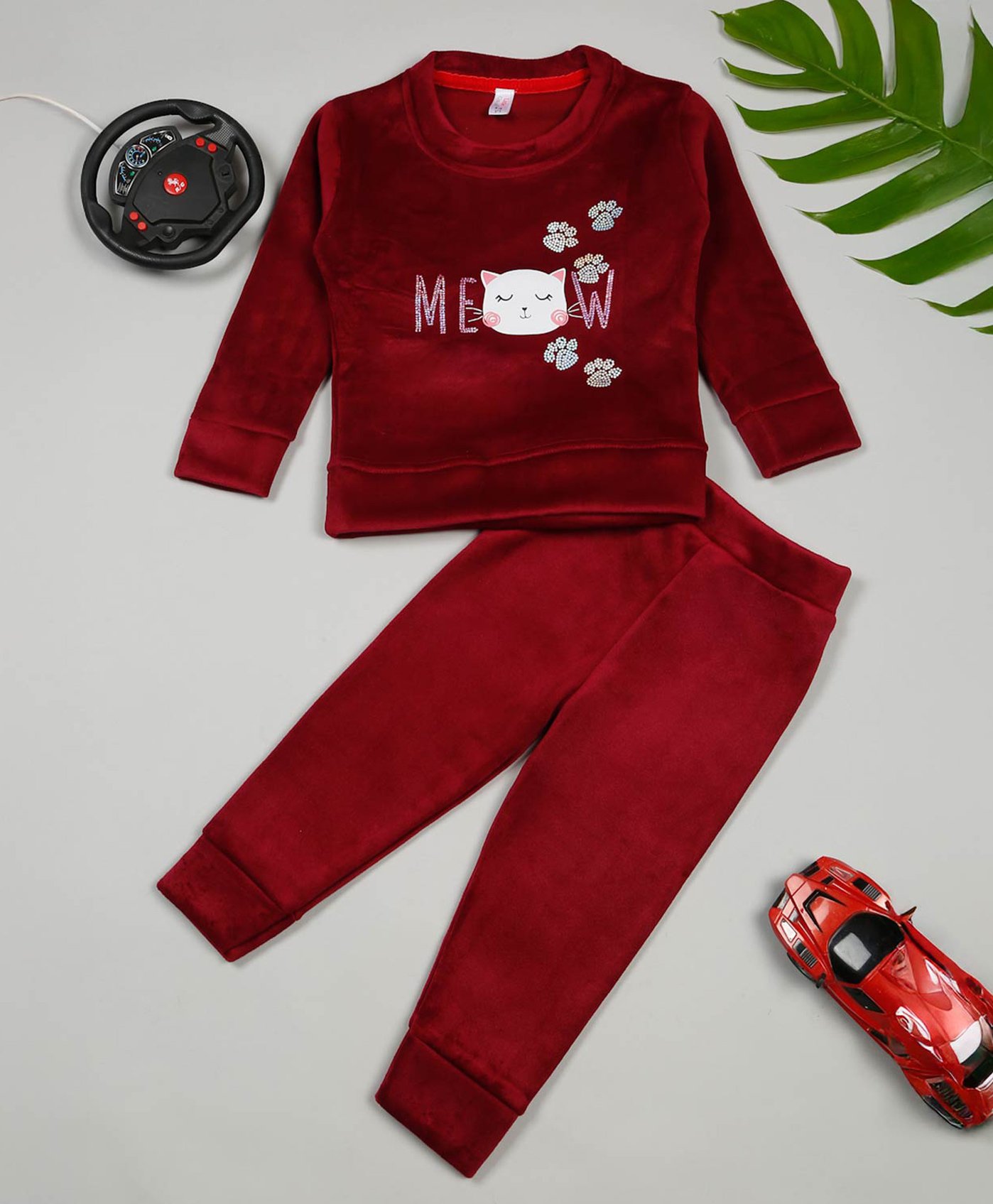 Little Ginnie Cotton Full Sleeves Cat Printed & Stone Embellished Sweatshirt With Track Pant - Maroon-picture-34