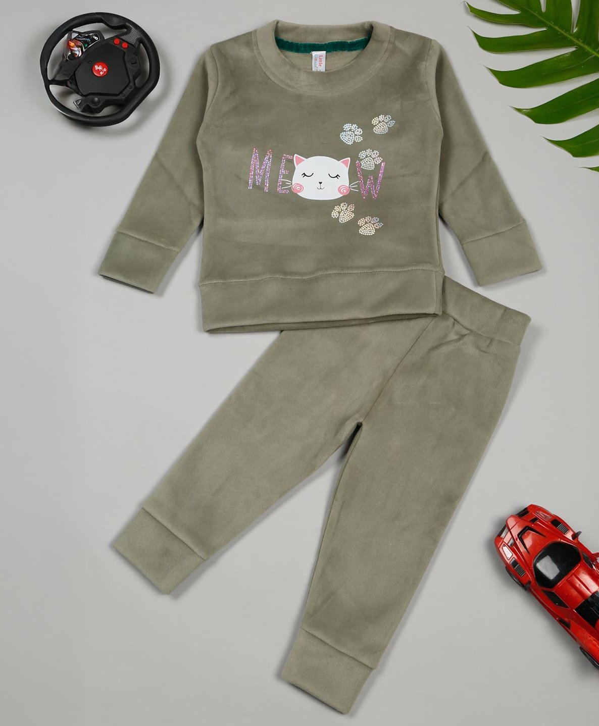 Little Ginnie Cotton Full Sleeves Cat Printed & Stone Embellished Sweatshirt With Track Pant - Grey-picture-36