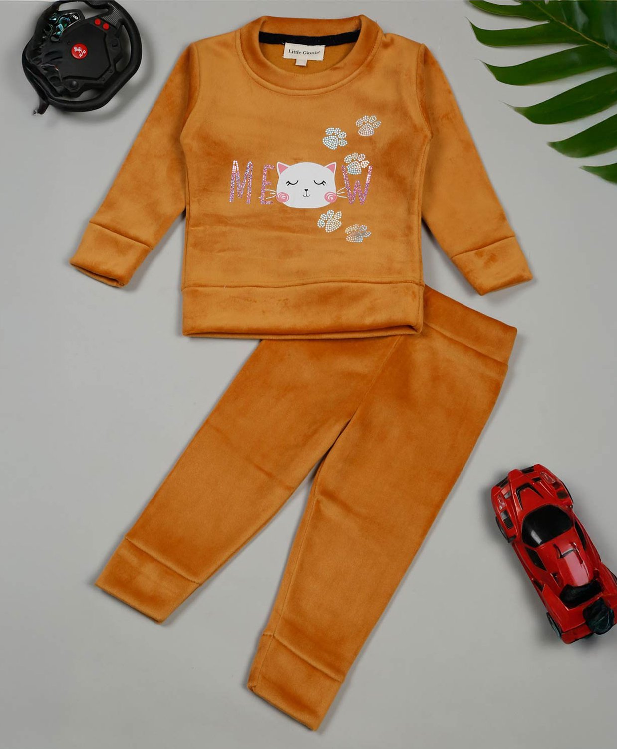 Little Ginnie Cotton Full Sleeves Cat Printed & Stone Embellished Sweatshirt With Track Pant - Mustard-picture-31