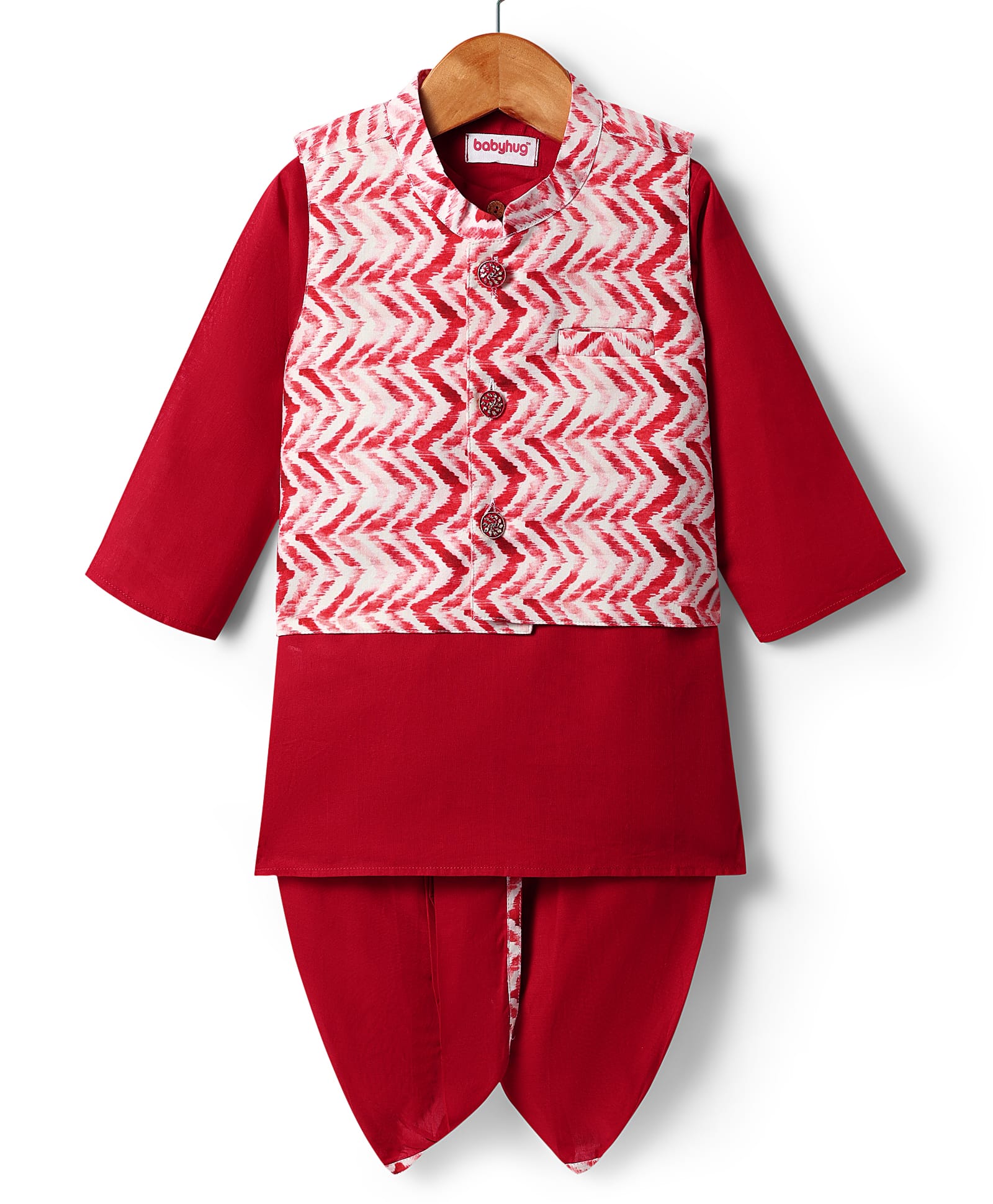 Babyhug Cotton Woven Mandarin Collar Full Sleeves Kurta Dhoti Set With Textured Print Jacket - Red-image-19