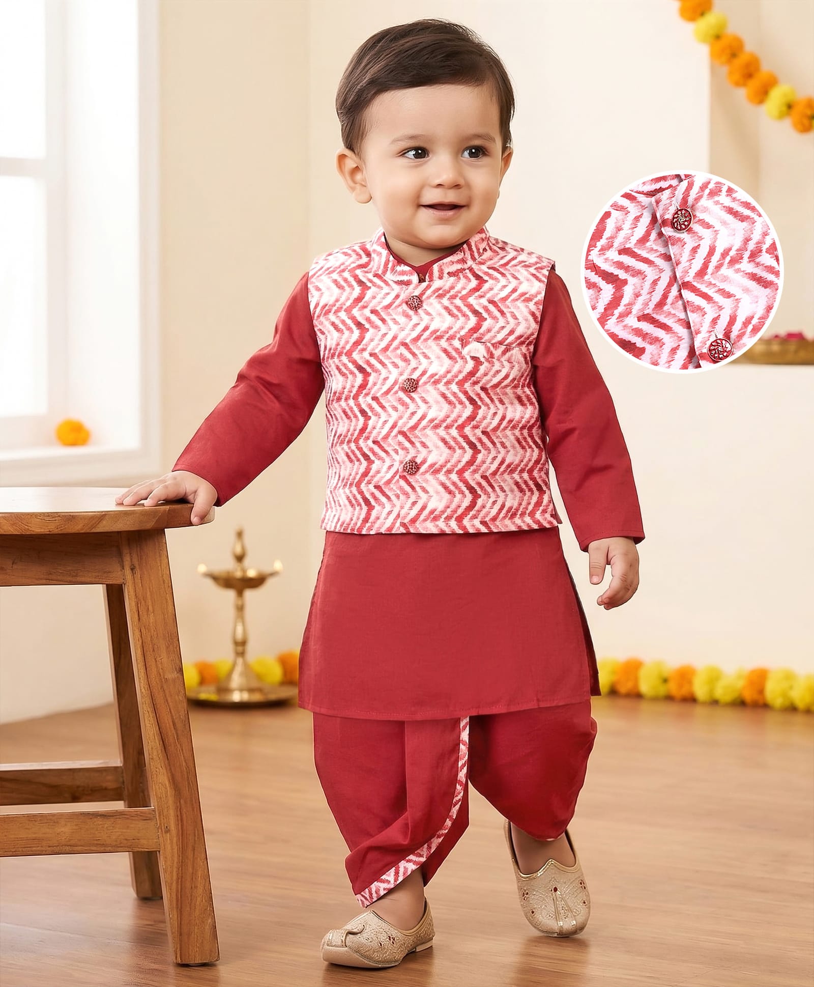 Babyhug Cotton Woven Full Sleeves Kurta Dhoti Set with Nehru Jacket and Cheveron Print - Red & White-picture-12