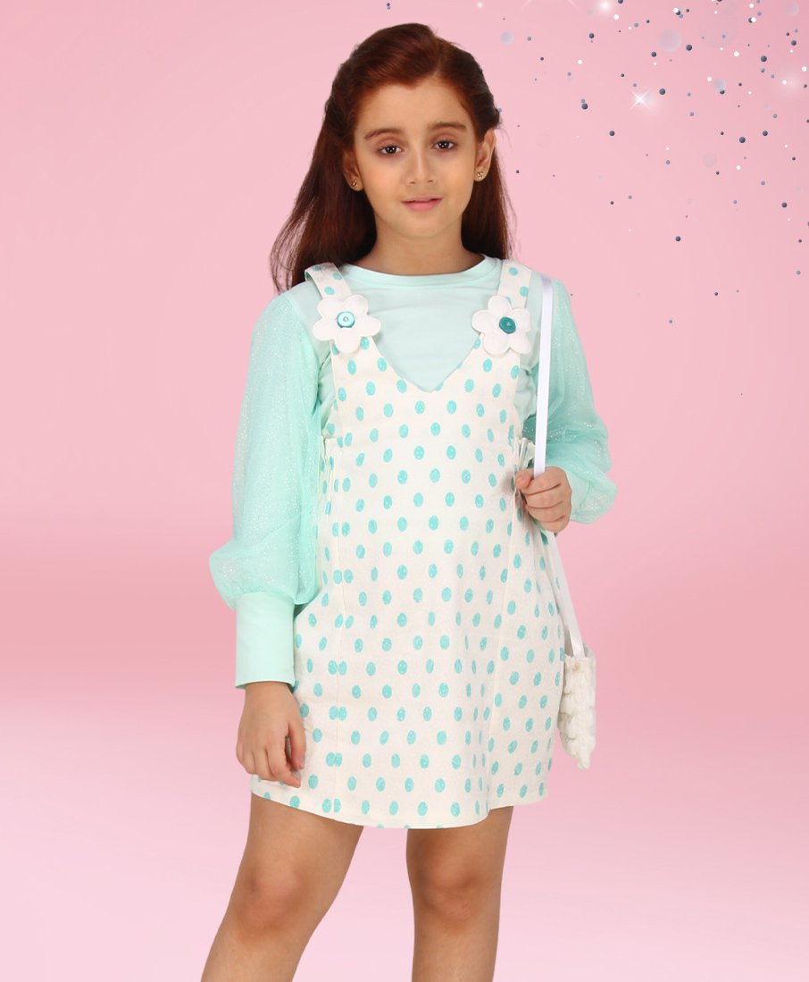 Cutecumber Polka Dots Printed & Floral Applique Detailed Dress With Full Sleeves Inner Top - Aqua Blue-image-12