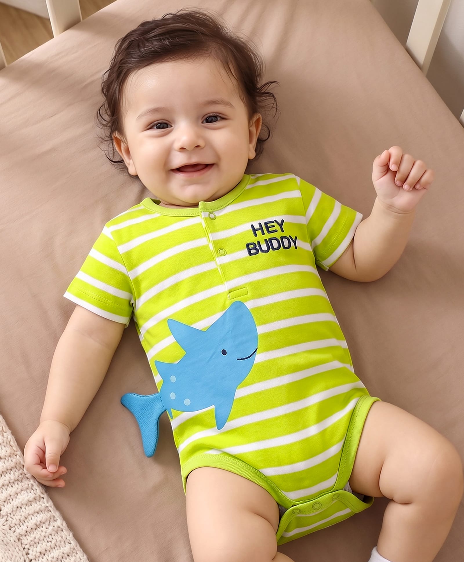 Babyhug 100% Cotton Knit Half Sleeves Text Embroidered Onesie with Whale Applique & Stripes - Light Green-image-18
