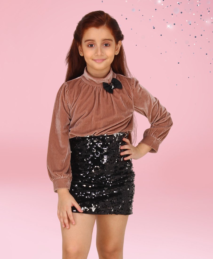 Cutecumber Full Sleeves Bow Applique Detailed & Sequins Embellished Blouson Style Dress - Brown-image-23