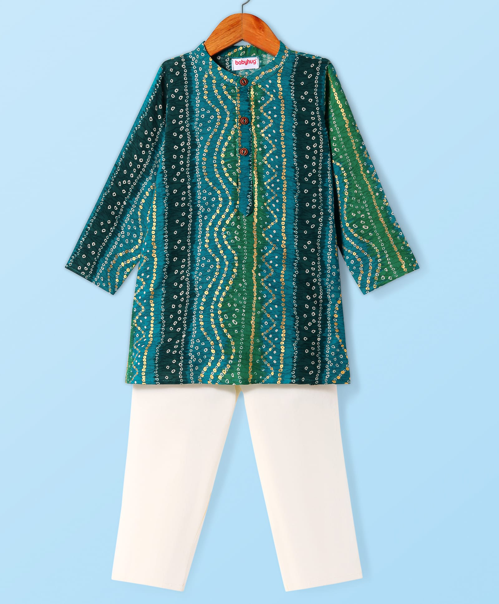 Babyhug Cotton Woven Full Sleeves Kurta Pyjama Set With Foil Bandhani Print - Teal Blue-image-29
