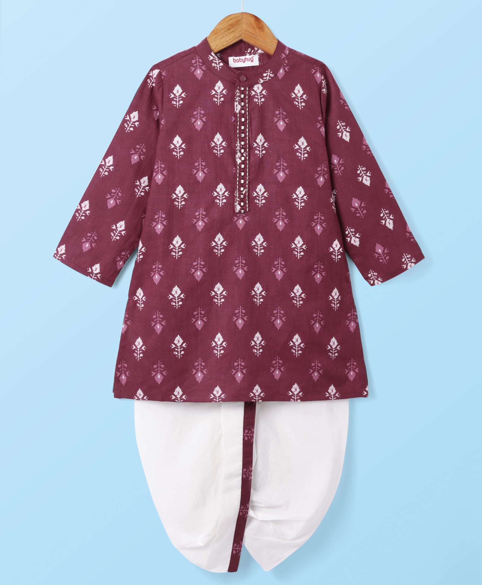 Babyhug Cotton Woven Full Sleeves Kurta Dhoti Set With Floral Print - Maroon-image-46