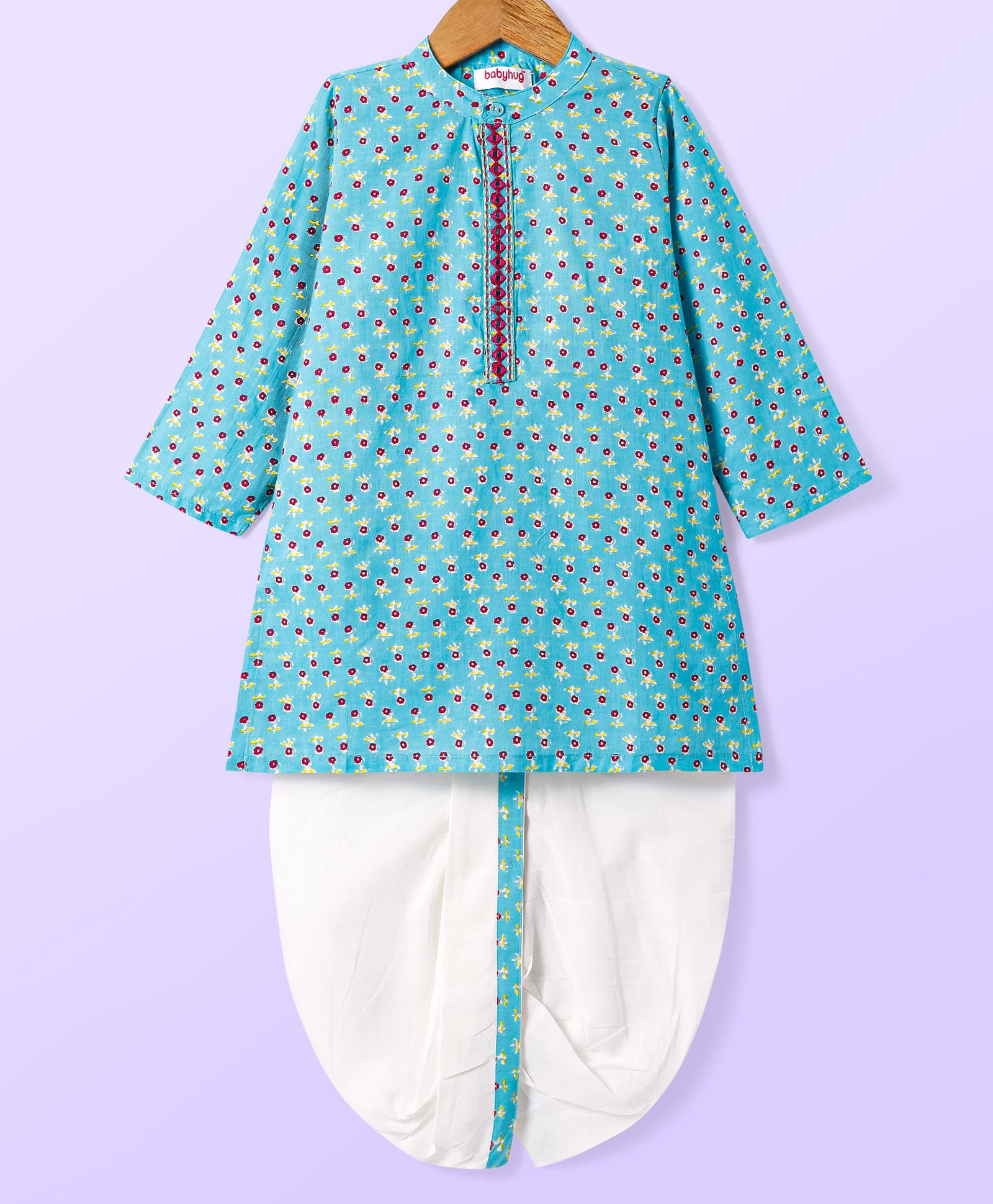 Babyhug Cotton Woven Full Sleeves Kurta Dhoti Set With Floral Print & Embroidery - Light Blue-image-19