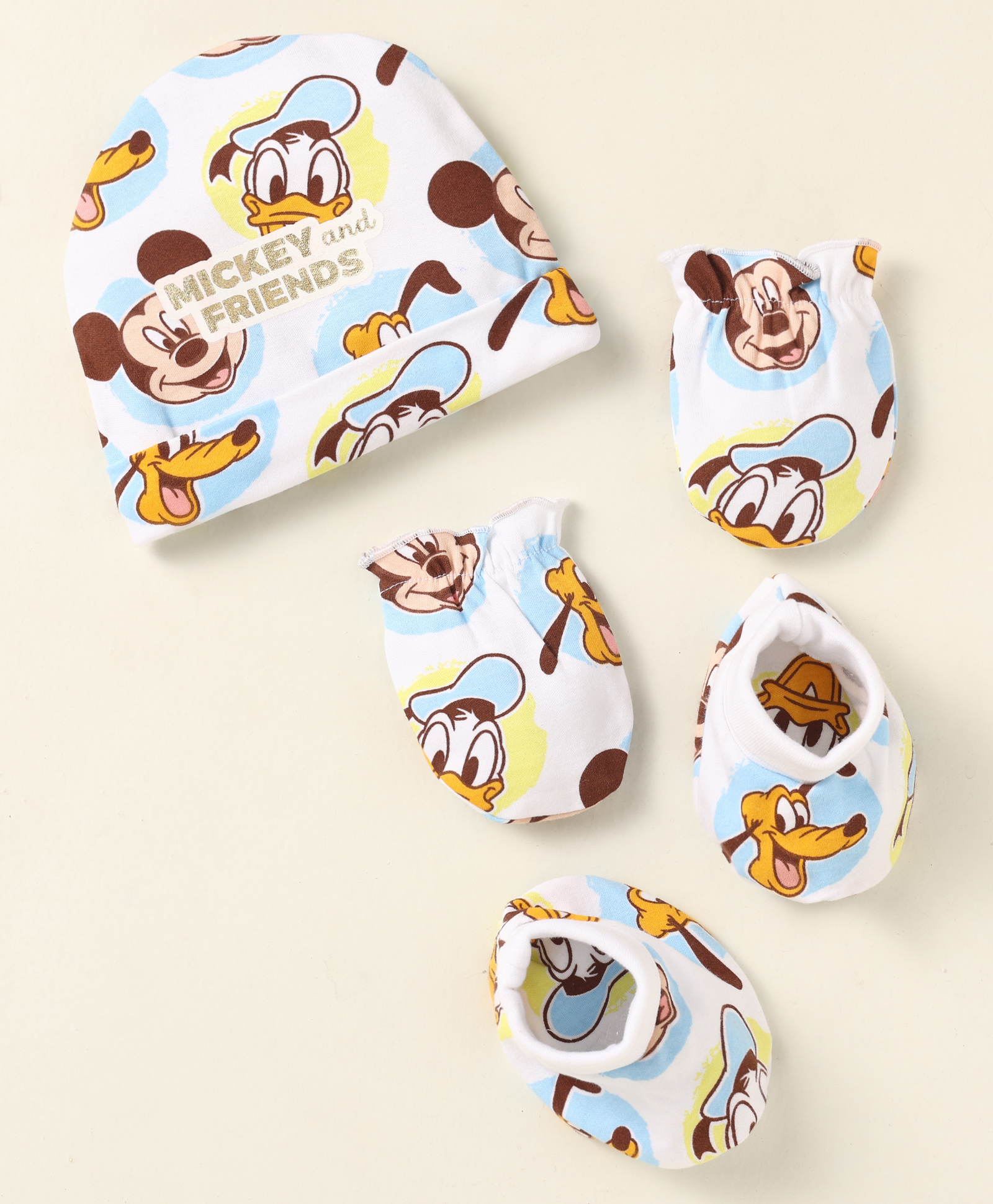 Babyoye Disney Interlock Knit Cap Mitten & Booties Set with Mickey & Friends Gold Foil Detailing White - Diameter 10 cm-picture-8