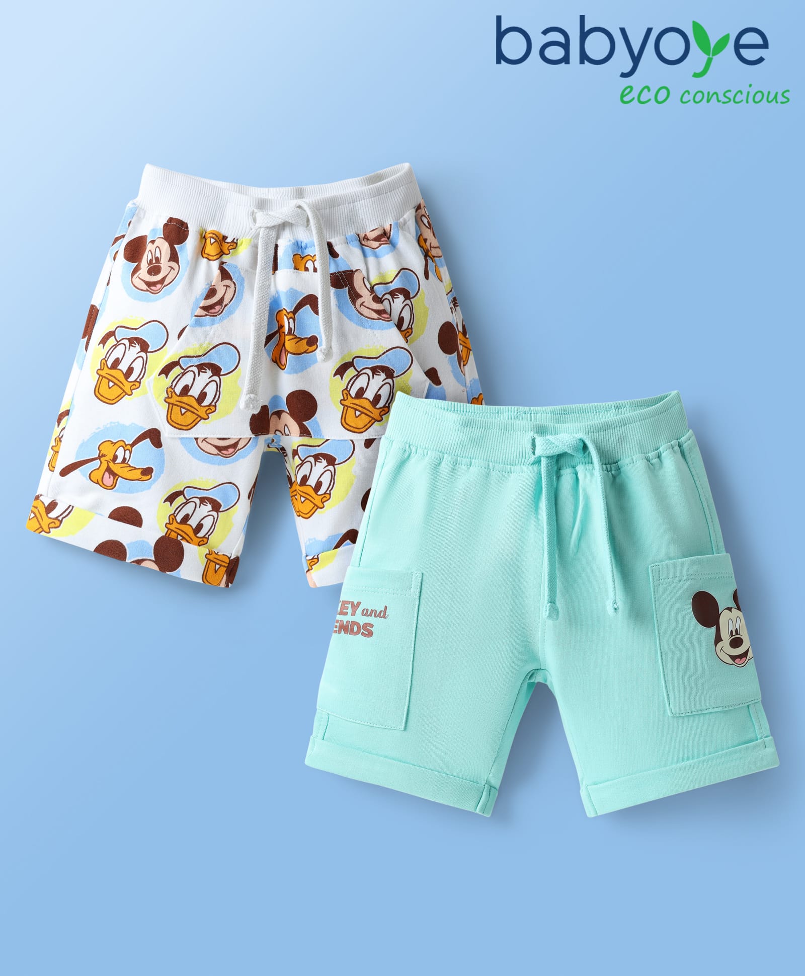 Babyoye Disney Eco Conscious Interlock Knit Knee Length Shorts with Mickey Mouse & Friends Graphics Pack of 2 - White & Sea Green-picture-12