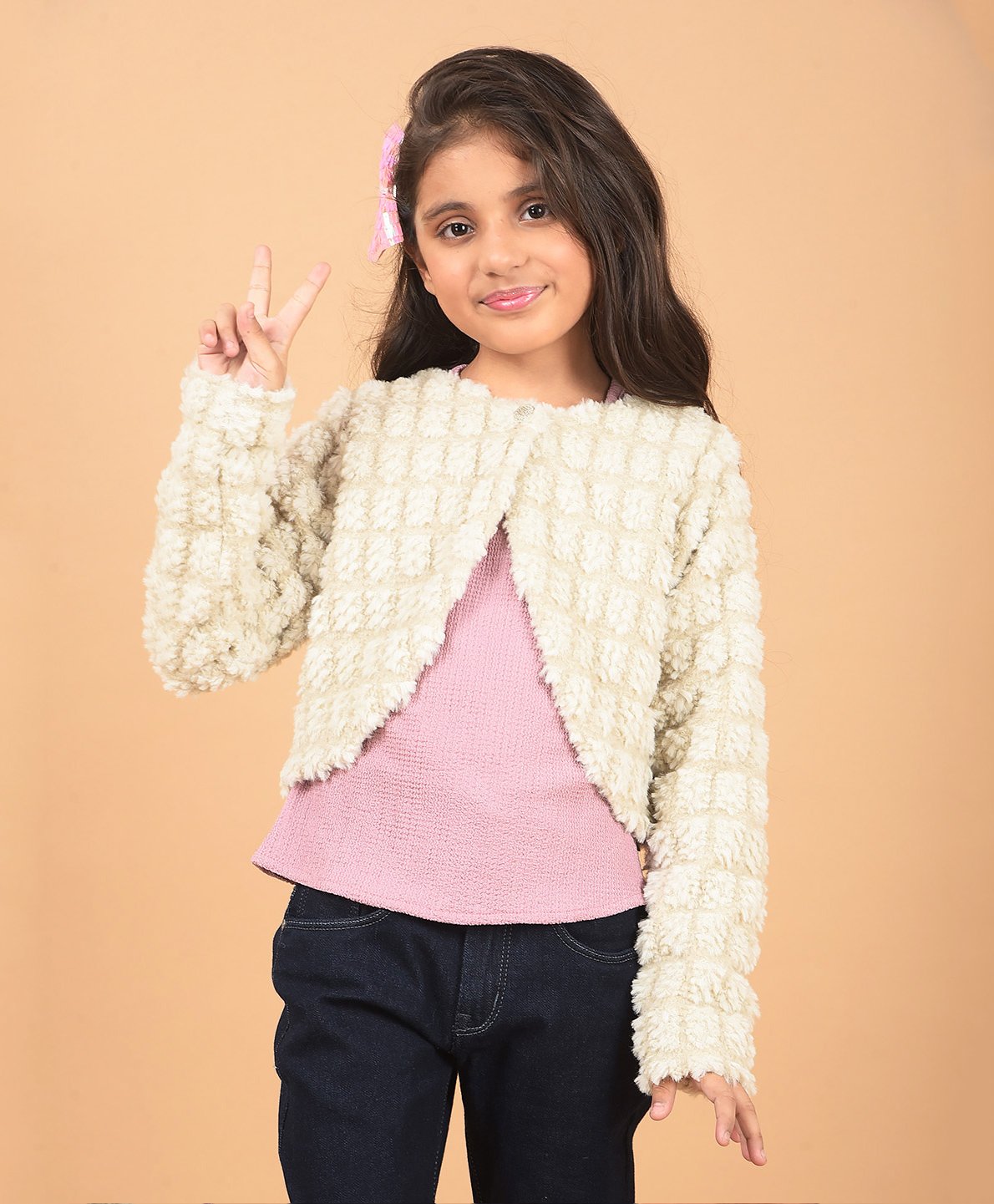 CRIMSOUNE CLUB Full Sleeves Checked Textured Cardigan - Beige-picture-27