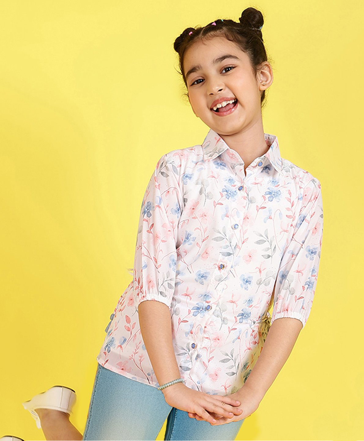 ISHTI Three Fourth Puffed Sleeves Floral Printed Shirt Style Top - Multi Colour-image-36