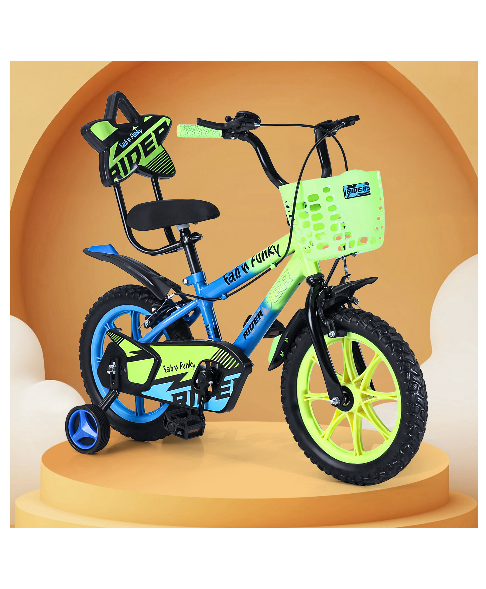 Jazz Rider Kids 14 Inch Multicolour Bicycle with Storage Basket - Blue Green| Bell & Removable Training Wheels| Dual Color Tone| Height Adjustable Seat| Rubber Wheels