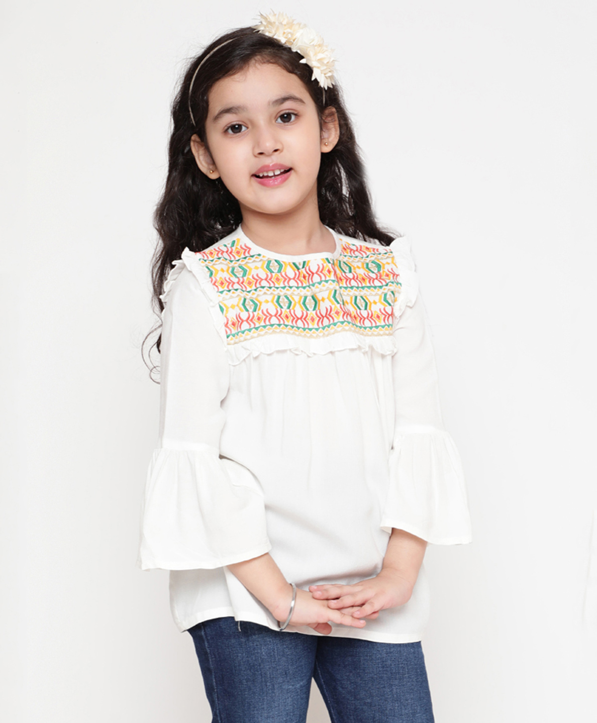 ISHTI Rayon Three Fourth Bell Sleeves Abstract Embroidered & Frill Detailed Top - White-picture-21