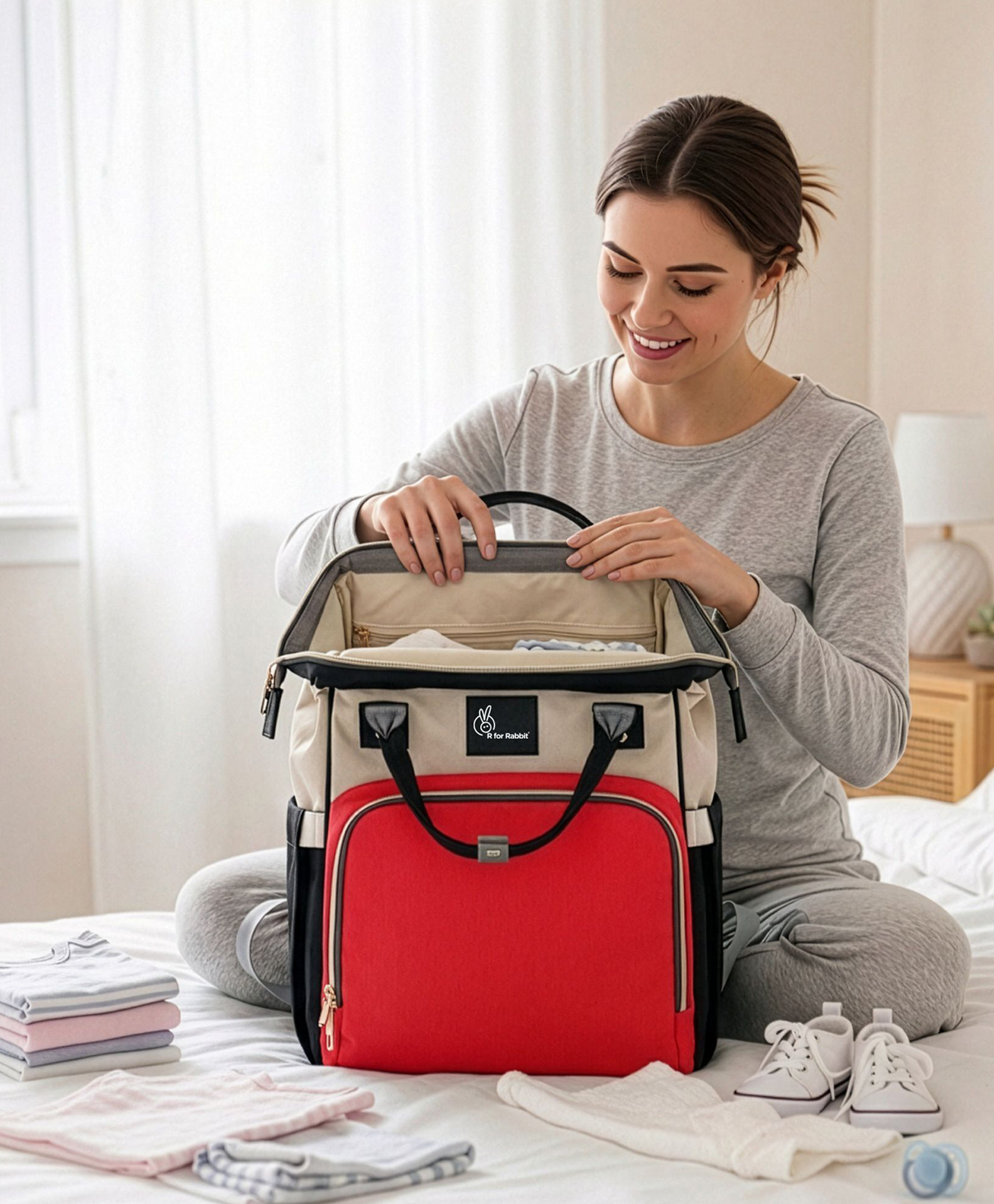 R for Rabbit Caramello Baby Diaper Bags Large Capacity Stylish Waterproof Multipurpose Maternity Diaper Backpack -Red & Cream-image-45