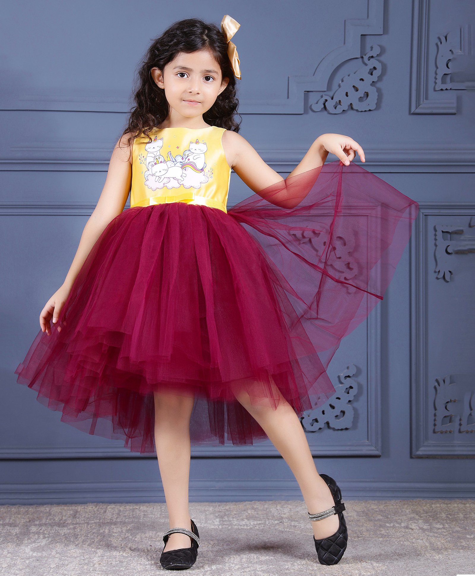 Toy Balloon Kids Sleeveless Cats Printed High Low Dress - Burgundy-image-42