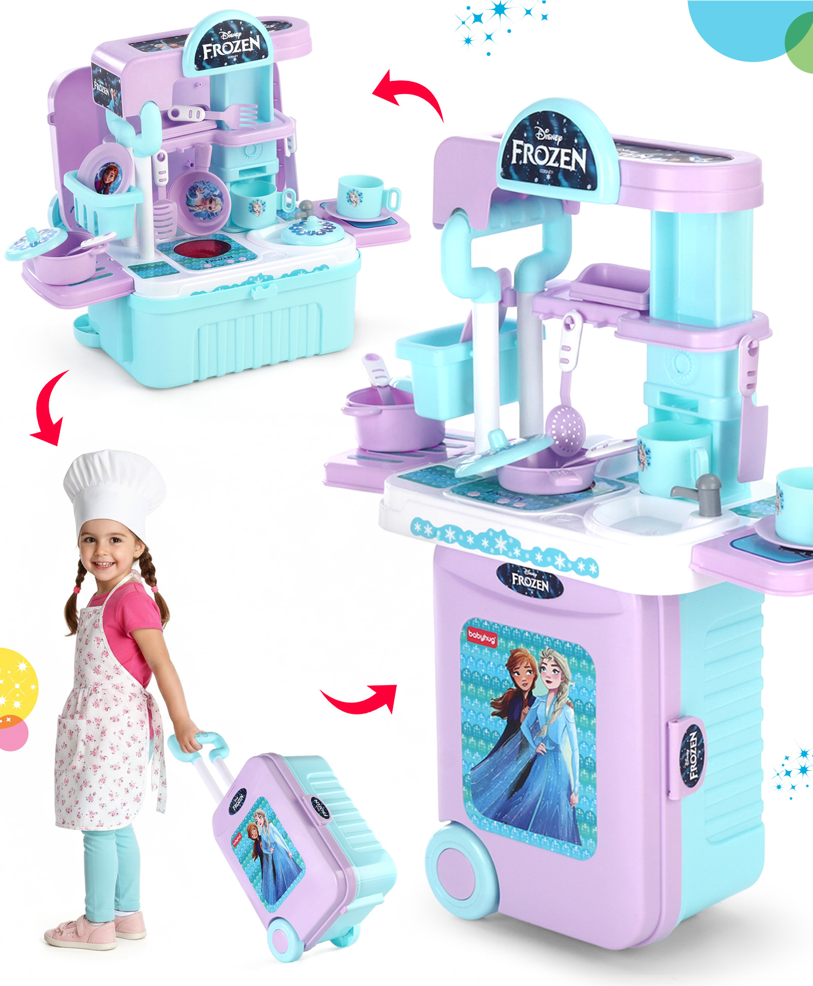 Babyhug Disney Frozen Theme Kitchen Play Set Trolley| Portable Set with Realistic Light Sound Toys for Kids with 24 Pieces - Lilac & Light Blue-image-36