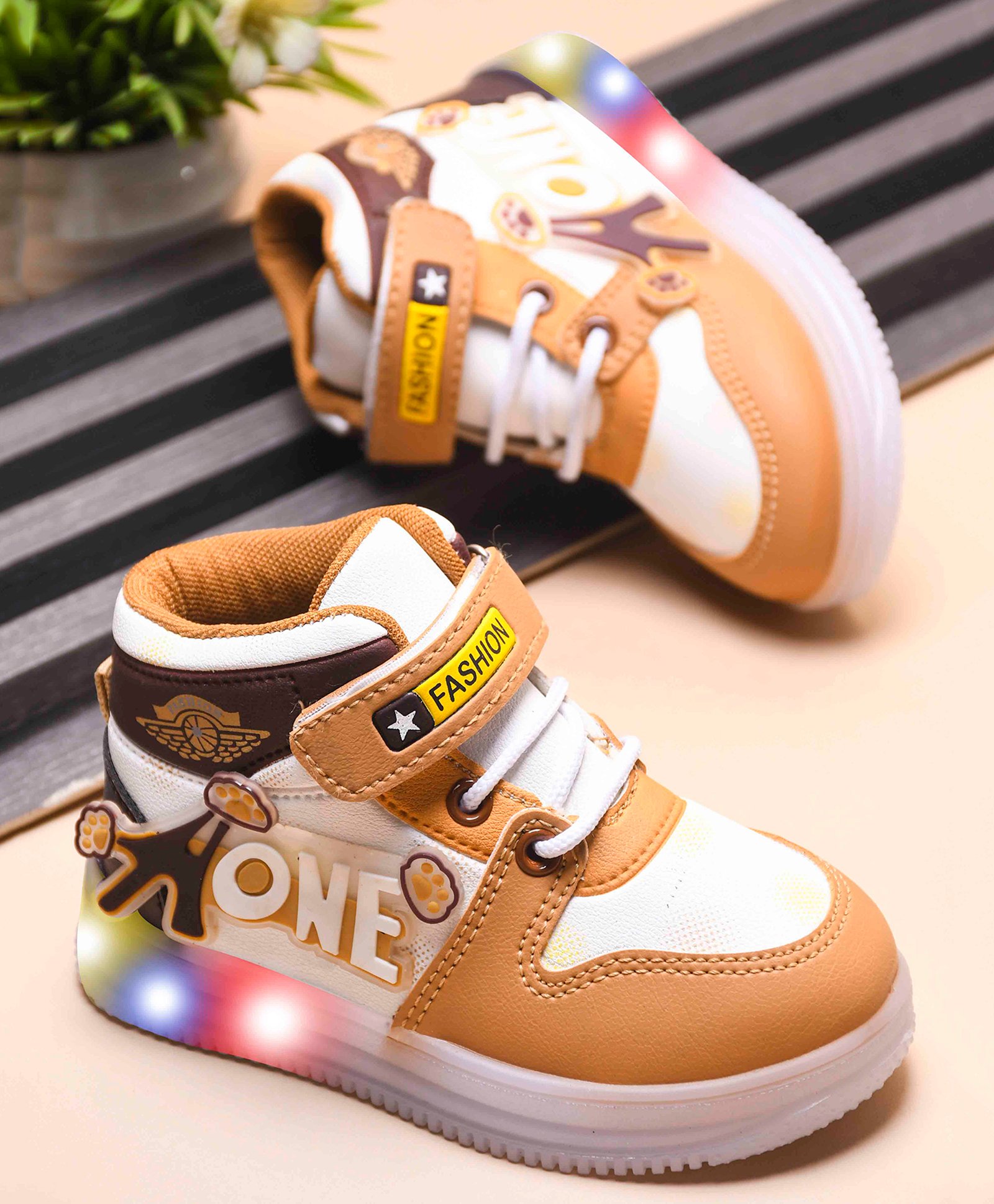 KATS One Text Patch Designed & Colour Blocked LED Shoes With Velcro Closure - Beige-image-20